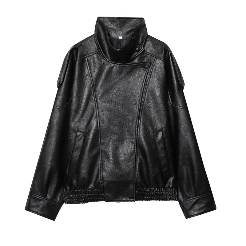 Faux Leather Stand Collar Oversized Moto Jacket, Elastic Hem Streetwear, Casual Long Sleeve Water- and Wind-Resistant Outerwear for Spring & Fall, Ladies Clothes for Daily Wear, Chic Outerwear