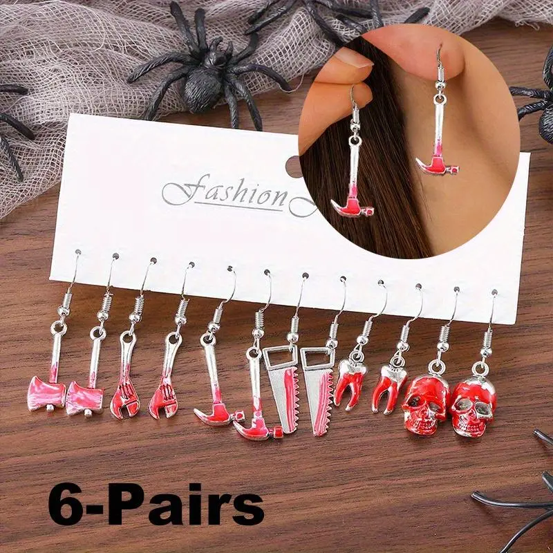 6 Pairs Gothic Halloween Dark Horror Earrings Set Skull, Axe, Saw, Teeth, Hammer Pendant Earrings Retro Gothic Halloween Party Earring Gifts Proms, Music Festivals, and Holiday Wear Accessories