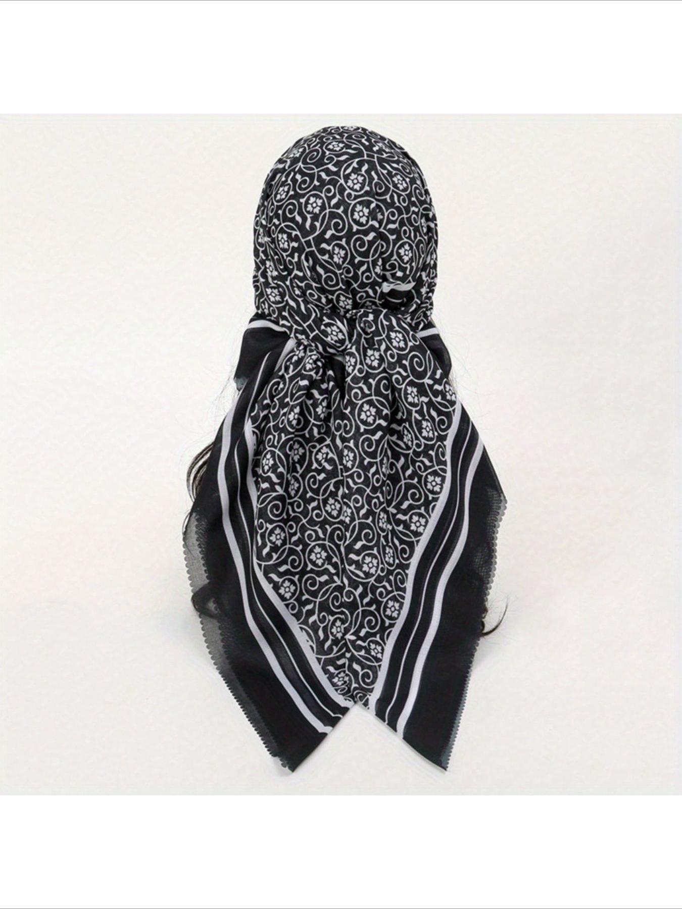 1pc 110*110cm Laser Cut Edging White Dainty Floral Print Large Square Bandana, New Bohemian Style Linen Soft Light Breathable Wavy Hem Head Wrap Hijab Shawl Floral Combination Print Balinese Chiffon Square Bandana Shawl