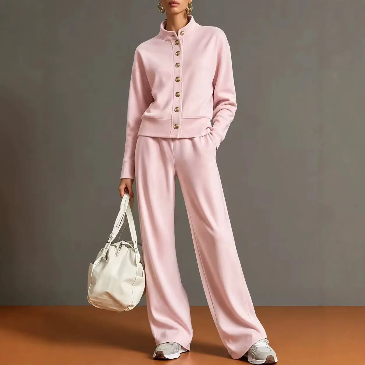Women 2 Piece Outfit Set Stand Collar Button Down Cardigan Sweatshirt & Wide Leg Pants Casual Tracksuit