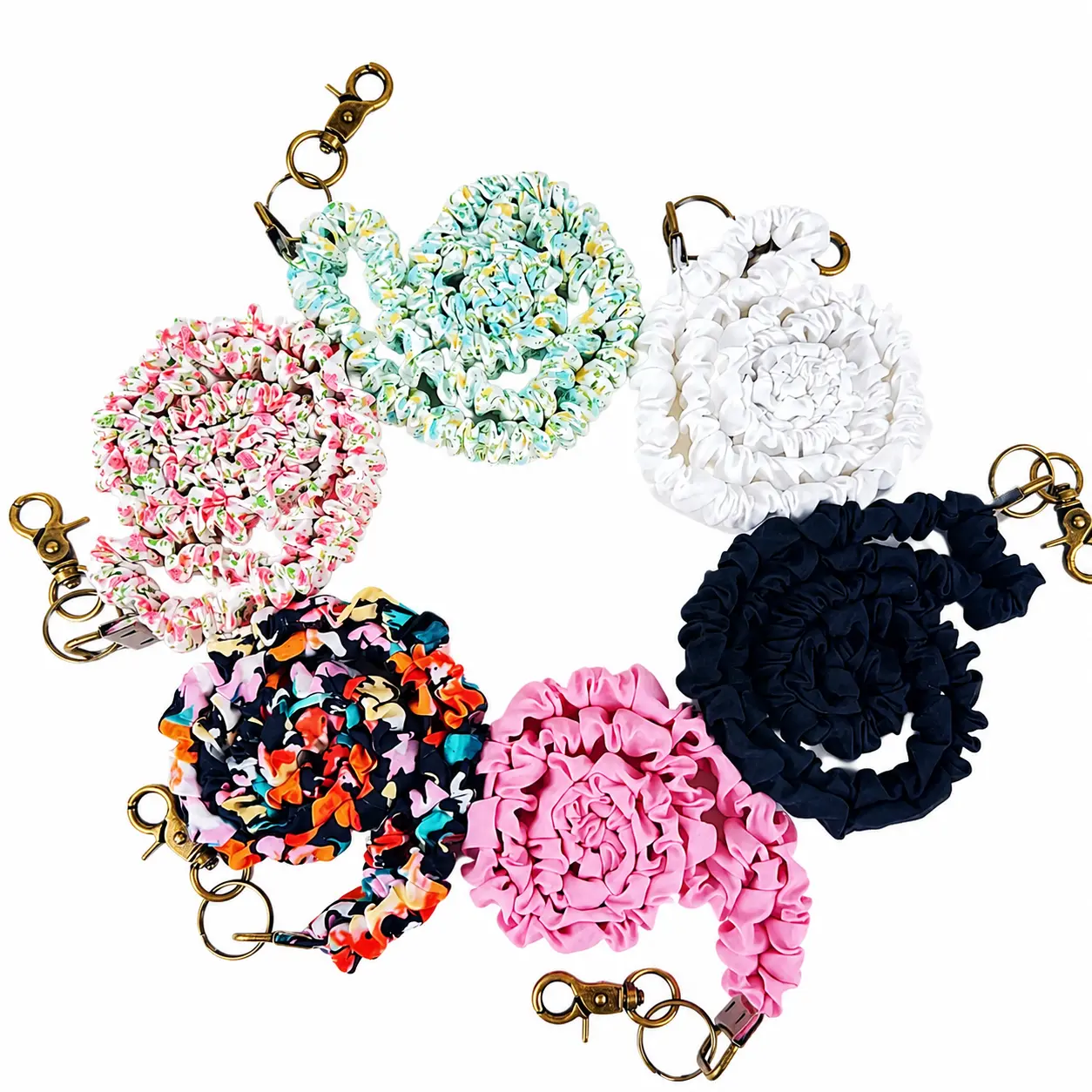4-Pack Boho-Style Elastic Scrunchie Lanyard Set with Vintage Bronze Hardware — Soft Stretch Fabric Neck Strap for Phones, Work IDs, Keys & Outdoor Gear, Featuring Vibrant Abstract Prints, Ideal for Hiking, Camping, Picnics, Sports & Daily Use