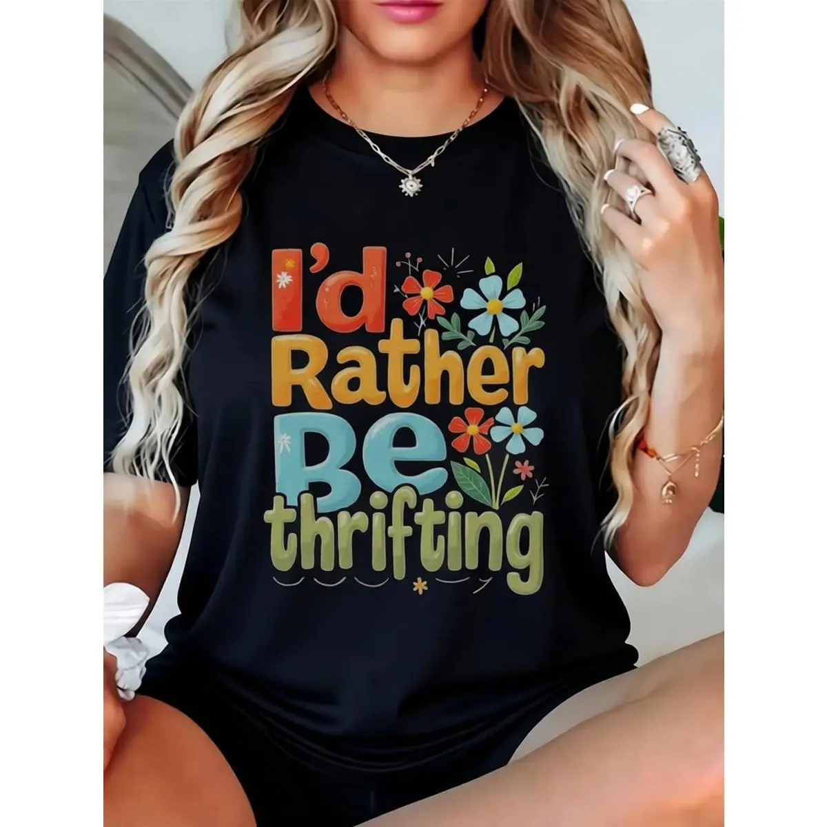 Graphic T-Shirt for Women with 'I'd Rather Be Thrifting' Fun Quote, Vintage Style Cotton with a Casual Fit Crew Neck, Tshirt, Basic, Streetwear, Fashion, Shorts