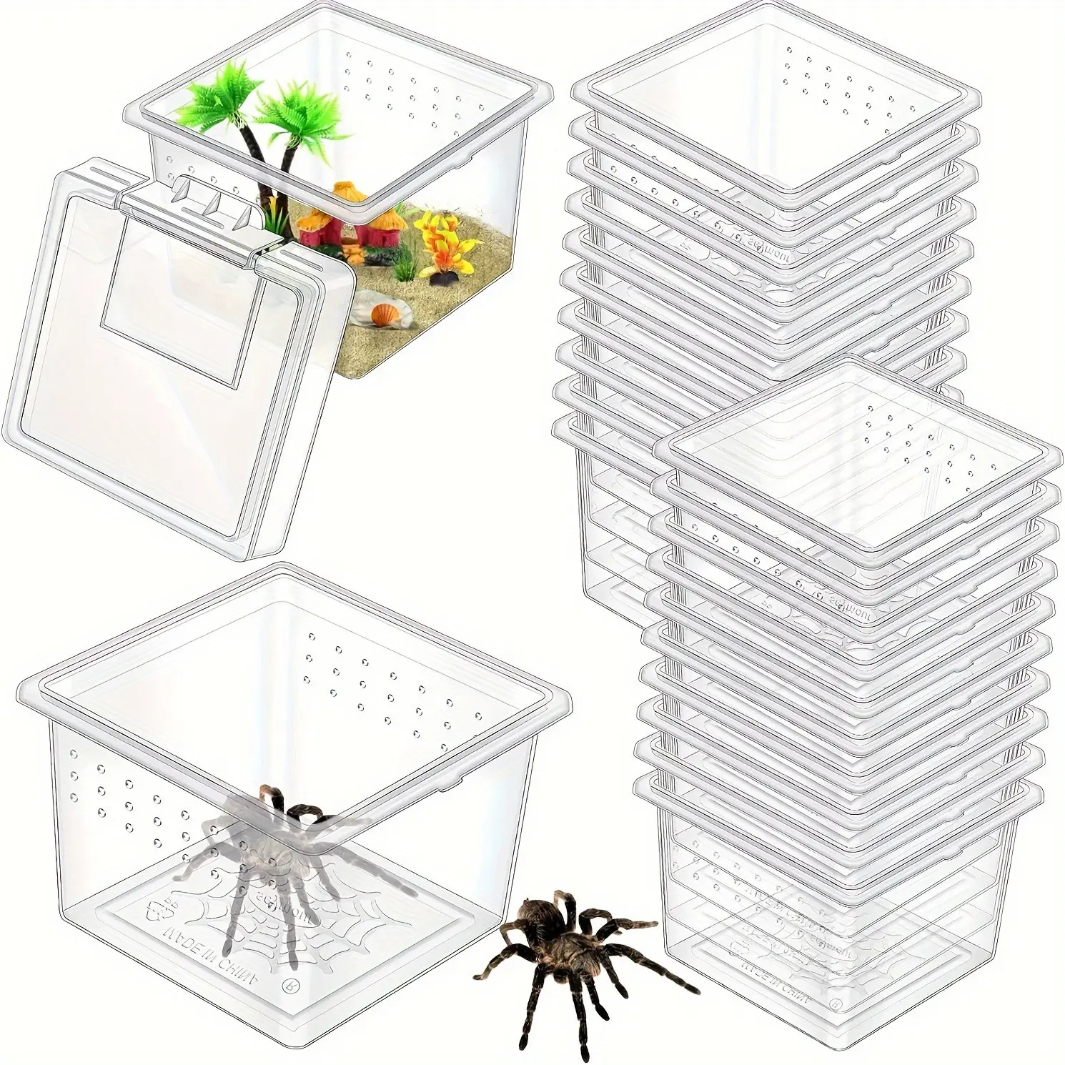 20 Plastic-Insect & Reptile Breeding Boxes, Stackable Square Design, Enclosed, Ventilated Lid, Divider, Easy-Open Door, Ideal for Spiders, Lizards, Tortoises, Centipedes