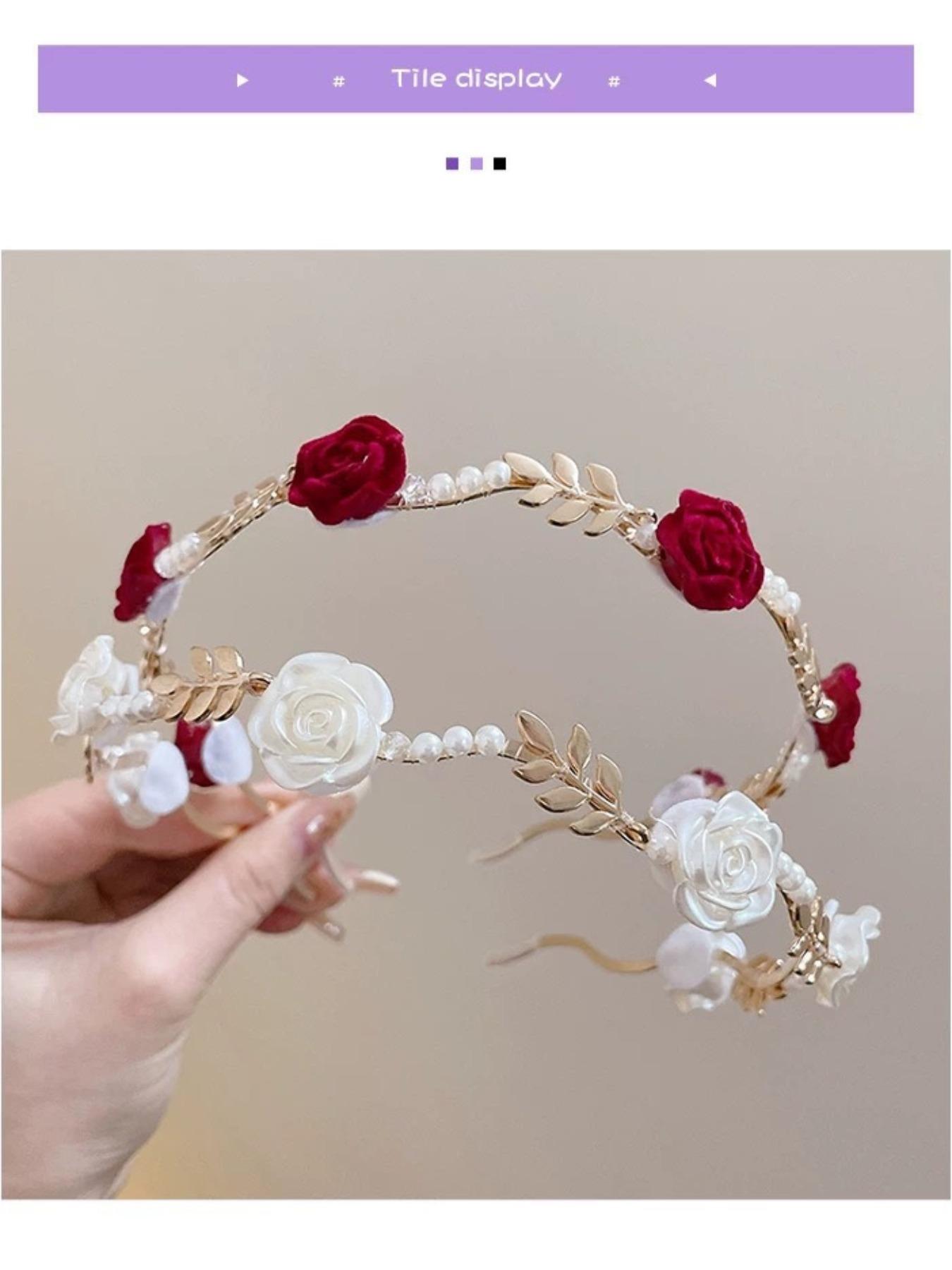 2 Pcs Vintage Rose & Pearl Hairbands, High-Quality Alloy Material, Unique Crown Design, Elegant Floral Pattern, All Seasons Headwear