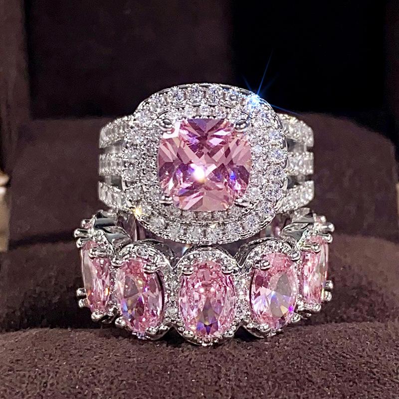 Luxury Emerald Ring Set | Square Geometric Oval Full Eternity Band | High-End Fashion Jewelry