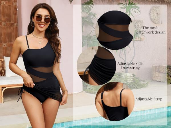 VIMPUNEC Women Sexy One Piece Swim Dress Tummy Control Swimsuits One Shoulder Mesh Bathing Suit Skirts