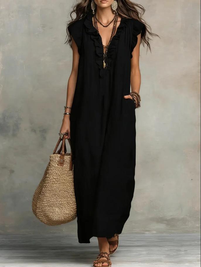 VVZ 2026 Women's Bohemian Ruffle Neck Maxi Dress Casual Sleeveless Loose Flowy Long Dress for Beach, Vacation & Daily Wear