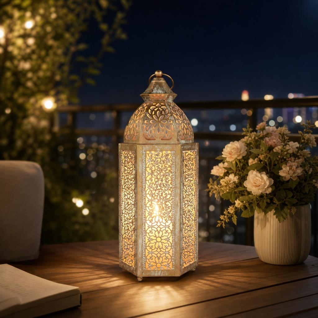 Moroccan Iron Lantern Candle Holder, Vintage Ramadan Decor, Home Decoration, Windproof Shadow Projection, Home Desk Wedding Festival Ornament, No Wax Included