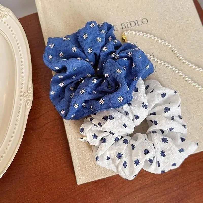 Korean Style Blue White Floral Hair Scrunchies Summer Simple Flower Pattern Hair Ties Elastic Hair Bands Women Hair Accessories