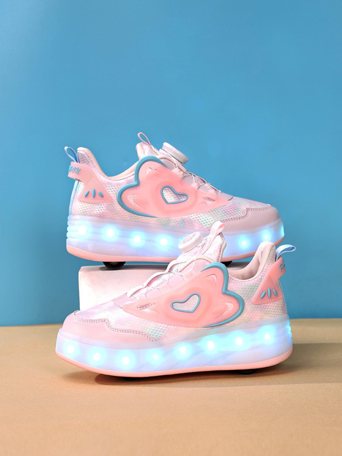 Girls' Walking Shoes with Rotating Buckle, Night Glow Color Changing LED Lights, Waterproof Leather, USB Rechargeable, Detachable Wheels, Trendy Trainers
