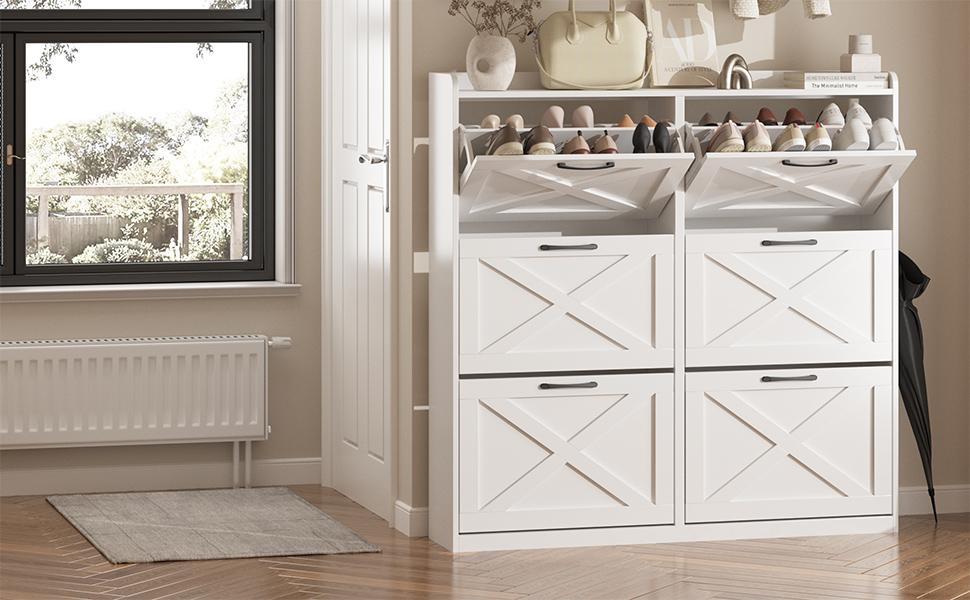 Vabches Large Shoe Storage Cabinet with 6 Flip Drawers, Freestanding Shoe Organizer with Metal Handles for Entryway, Narrow Shoe Rack Cabinet Beige