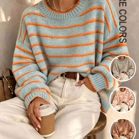 Striped Knit Sweater Women, Fall Winter New Loose Lazy Round Neck Pullover, Soft Versatile Colorblock Long Sleeve Top, Elegant Casual Fashion, Knitwear For Fall