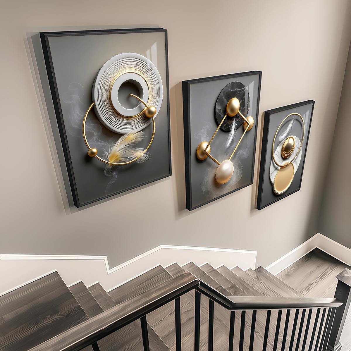 3 Counts Aluminum Alloy Framed Painting, Modern Abstract Geometric Gold And Feather Art Pictures, Home Decoration For Living Room, Bedroom, Office, Restaurant, Hallway Wall Decor, Odorless Print Artwork, Luxury Perfect Gift For Friends And Family