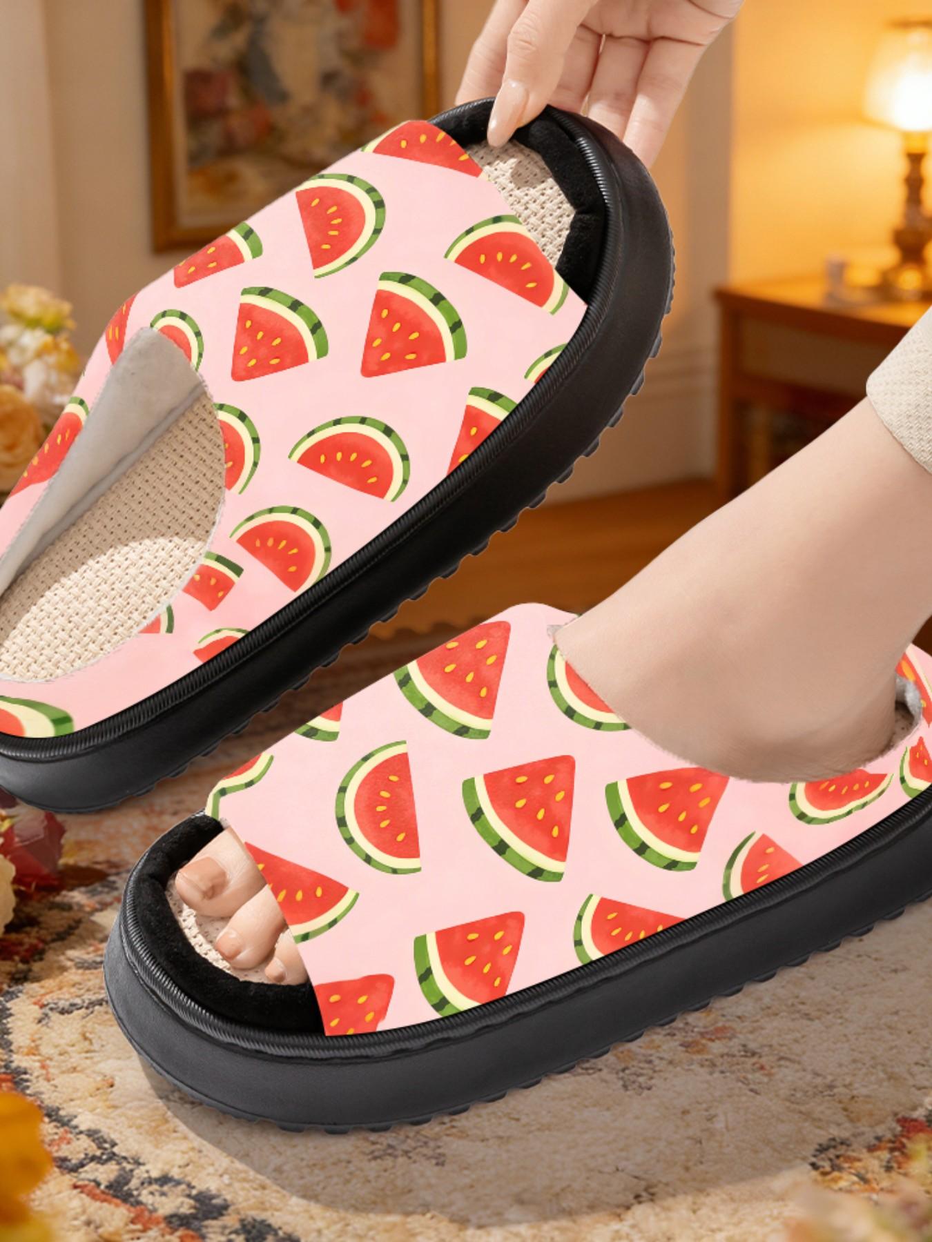 Cute Watermelon Slice Print Linen Open-Toe Sandals, Casual Textile Eva Sole, All-Season Less Than Ankle Height, Cartoon Pattern Design