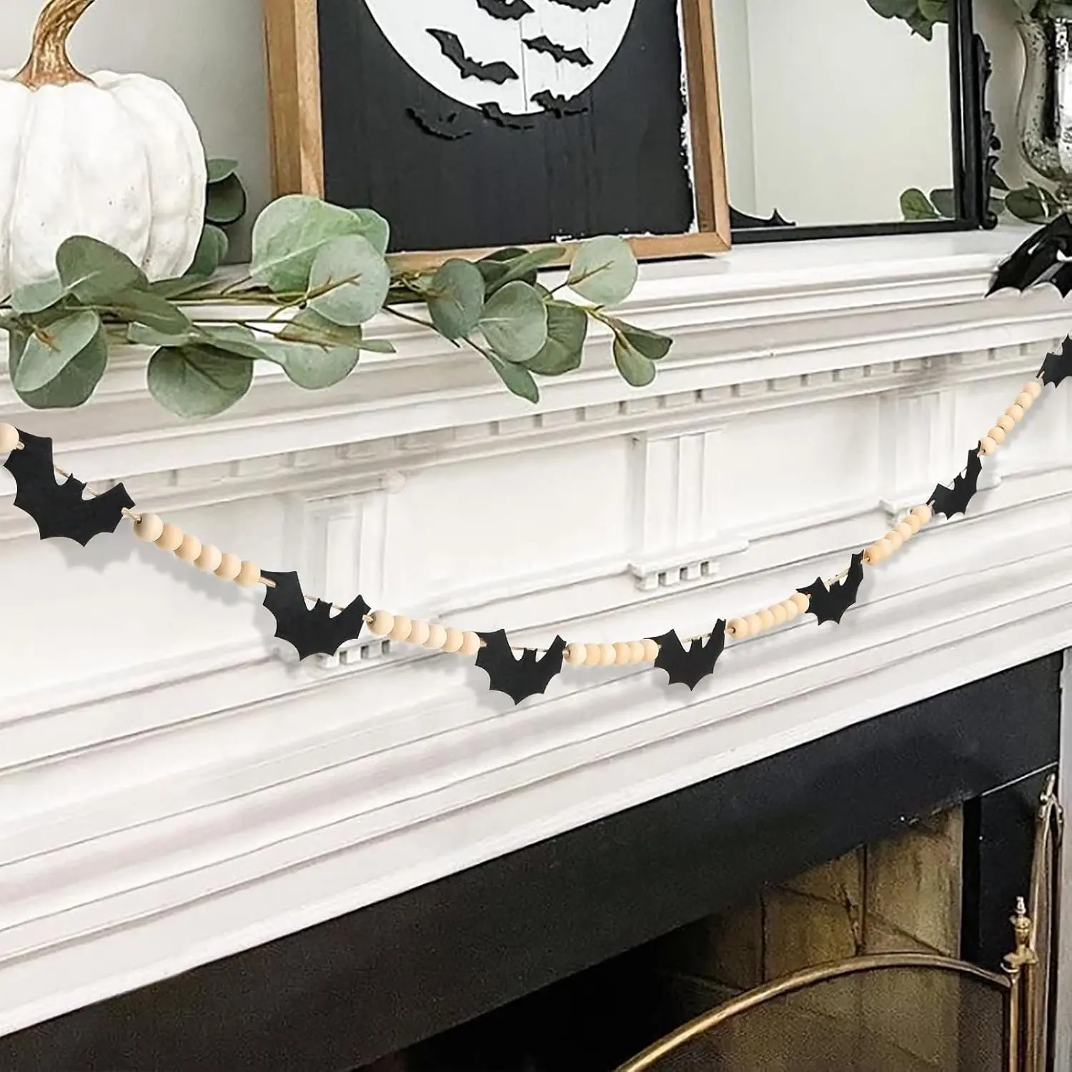 Halloween Decorations-Black Felt Bats  Beads Garland | Halloween Decorations Indoor-  Felt Banner for Fireplace Mantel Walls