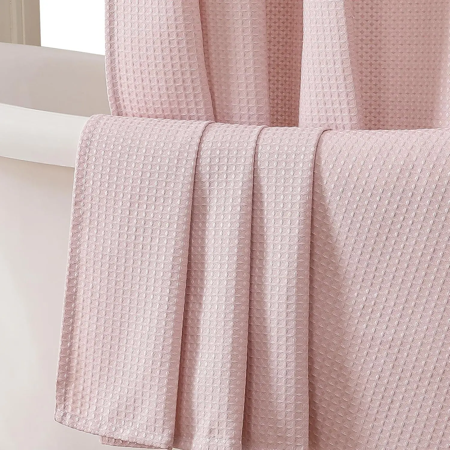 Blush Pink Shower Curtain Set, Waffle Textured Heavy Duty Fabric Shower Curtain for Bathroom, Luxury Hotel Weighted 230GSM Waterproof Bath Curtain with 12 Plastic Hooks, Machine Washable, 72x72