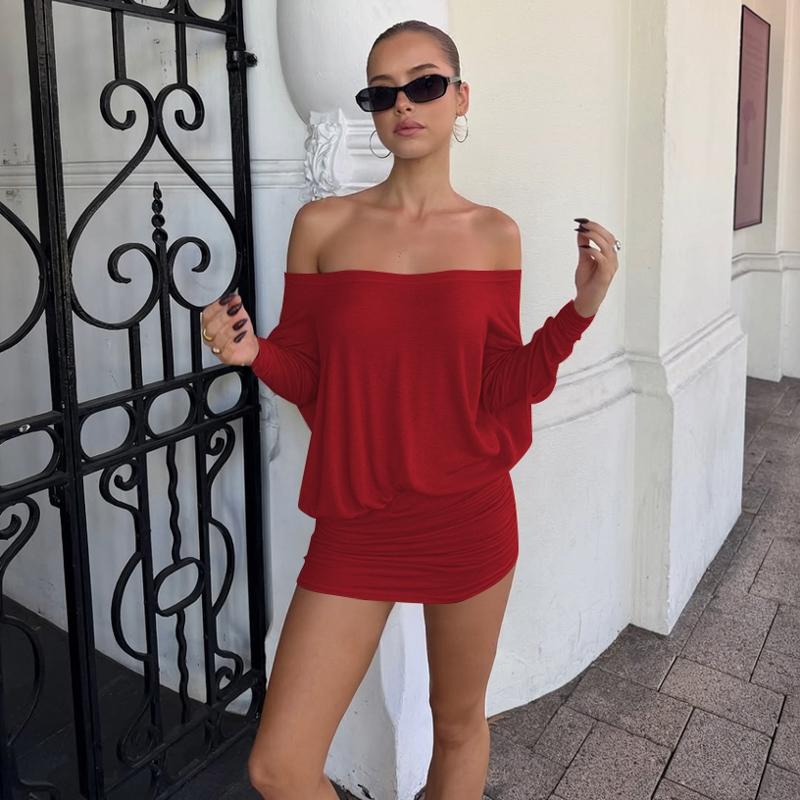 Women's Sheer Ruched Casual Party Dress, Off-The-Shoulder Long Sleeve Fit Women's Mini Dress for Spring & Fall, Womenswear Fashion, Lady