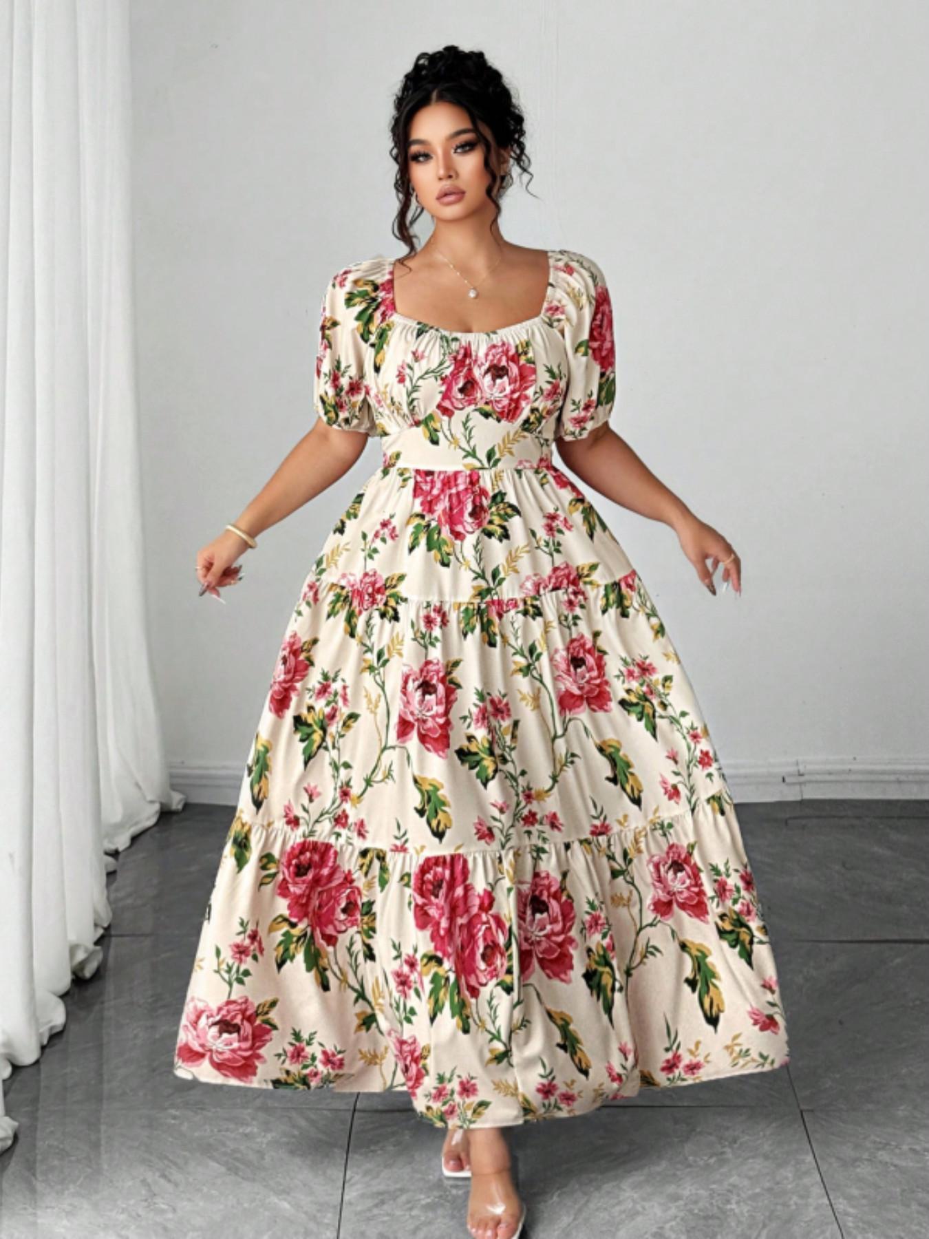 Elegant Plus Size Women Wedding Guest Dress, Square Neck Bubble Sleeve, Rose Floral Pattern, Long A-Line Skirt, Perfect for Weddings and Vacations