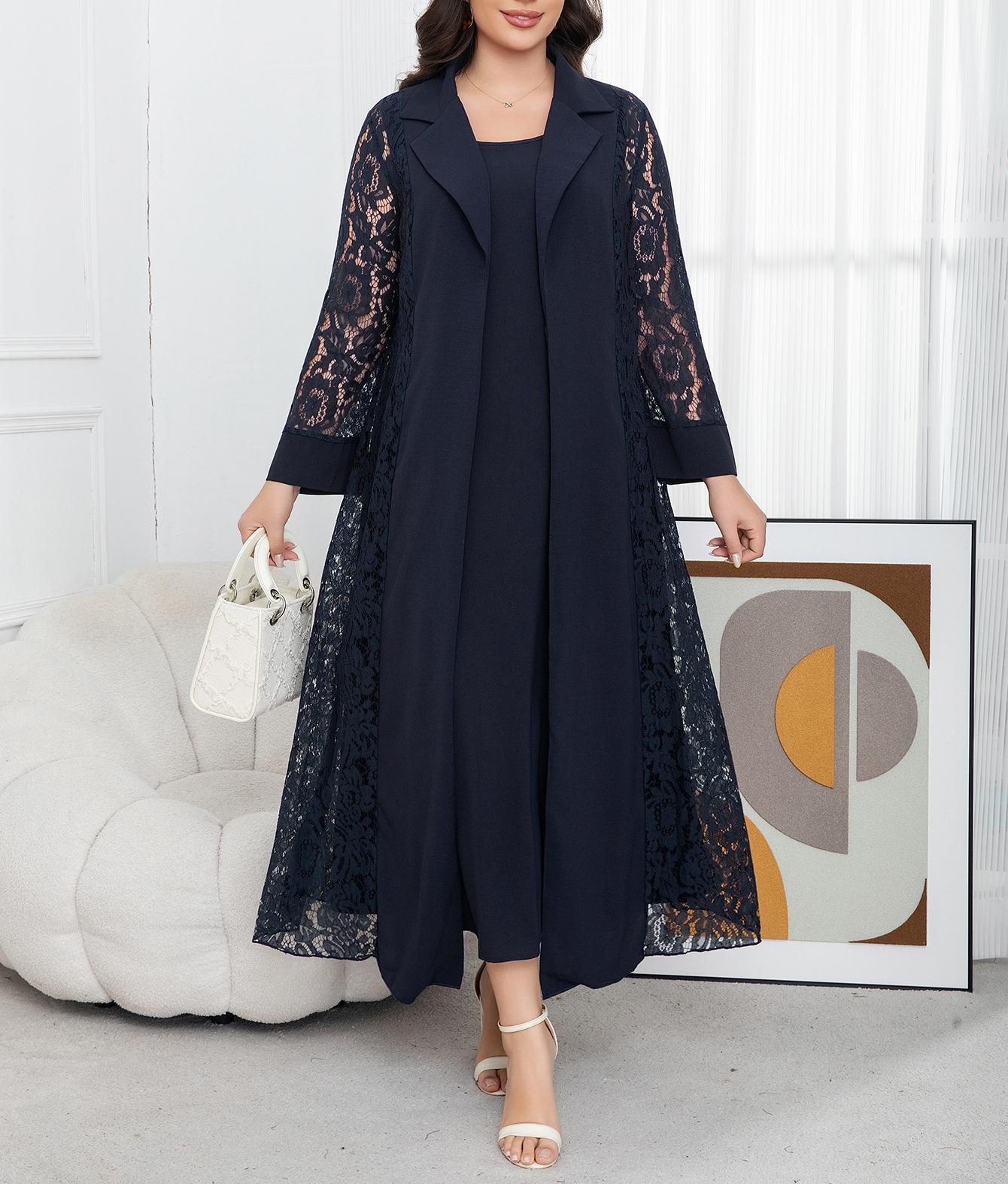 Plus Size Women's Navy Lace Two-Piece Set, Elegant Long Cardigan and Tank Dress, Slimming, Stylish and Chic, Perfect for Office and Dates