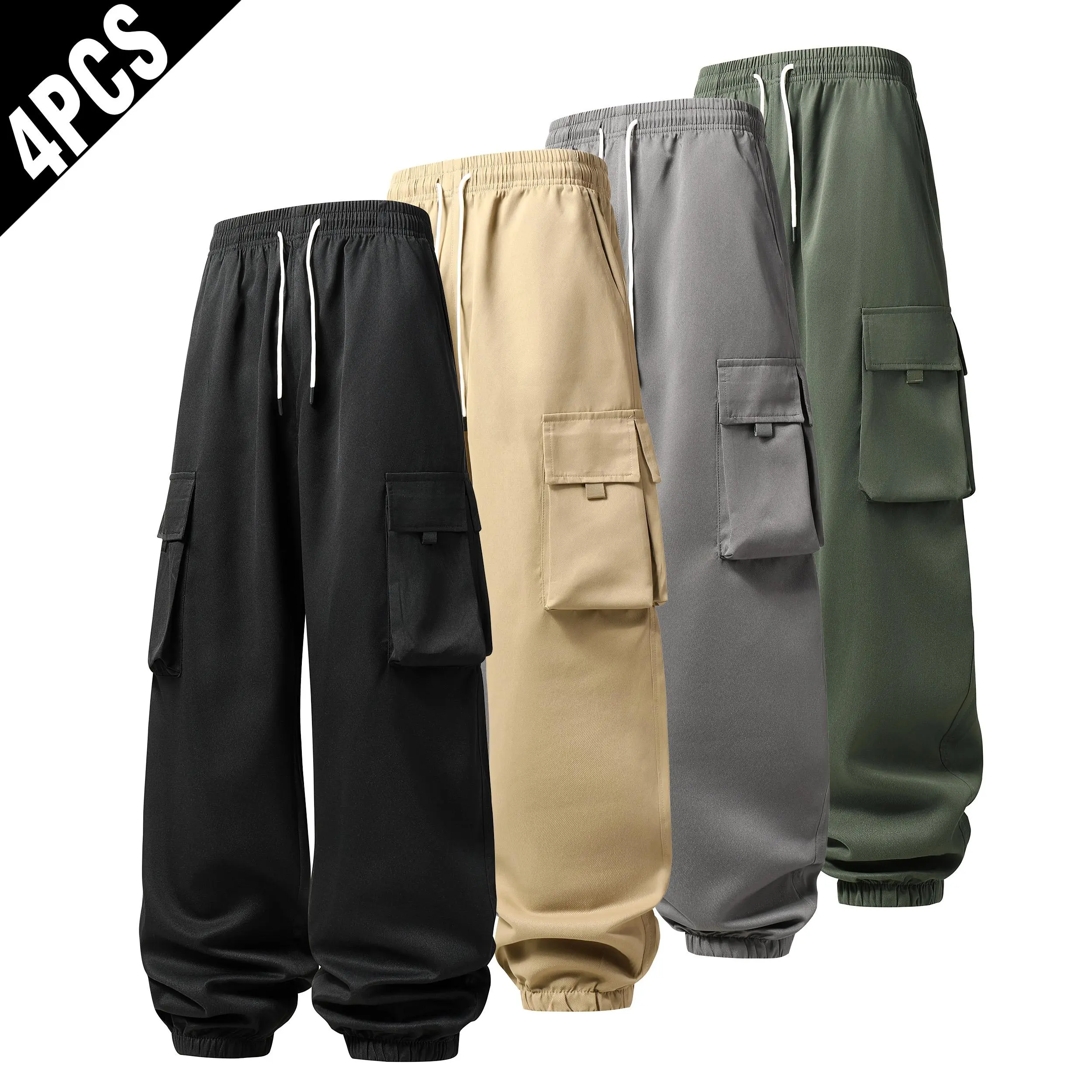 4 Pack Men Cargo Jogger Pants, Baggy Wide Leg Elastic Drawstring Waist Work Pants, Multi Big Pocket Streetwear Casual Utility Sweatpants