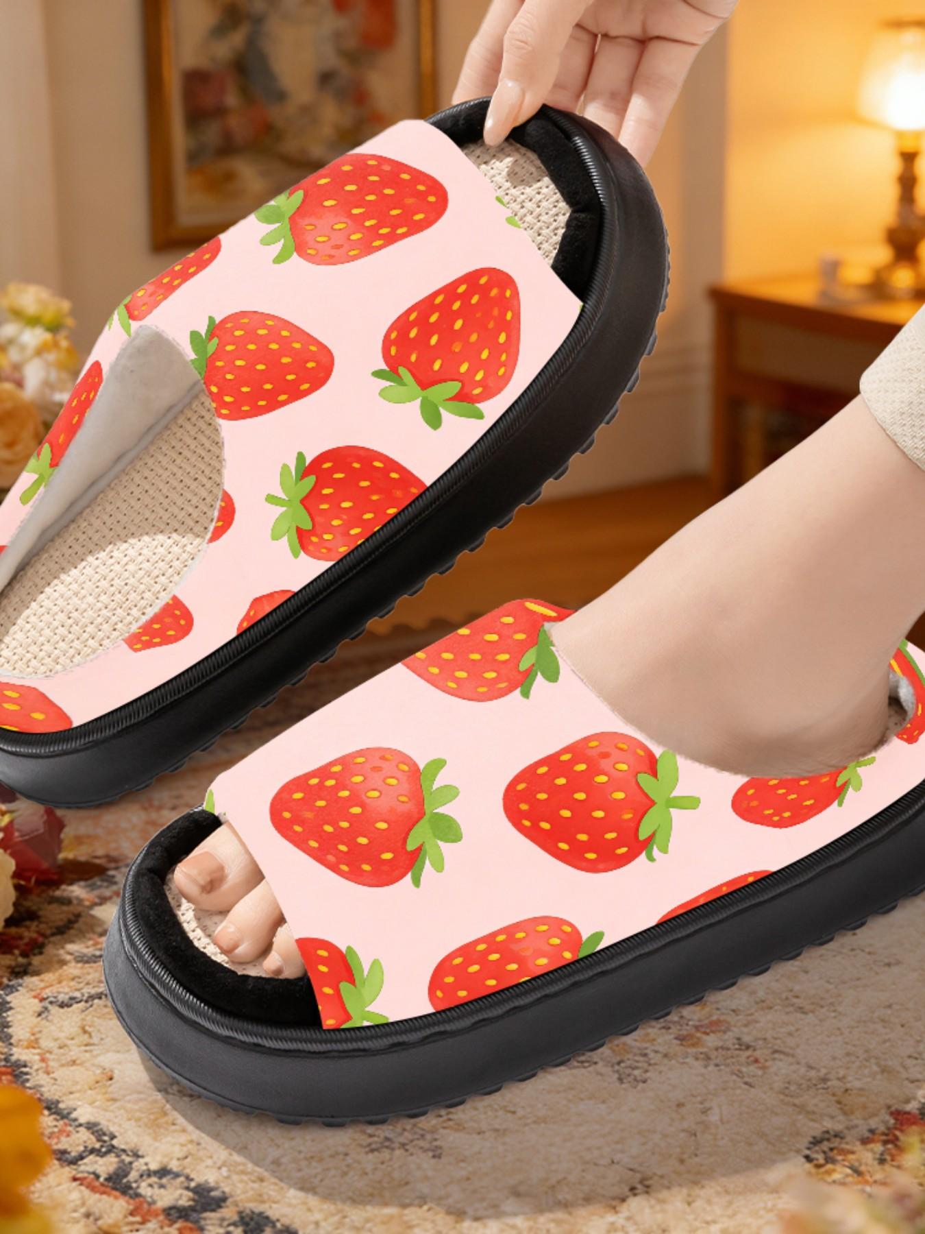 Sweet Strawberry Print Linen Open-Toe Sandals, Casual Textile Eva Sole, Less Than Ankle Height, All Seasons Cartoon Pattern