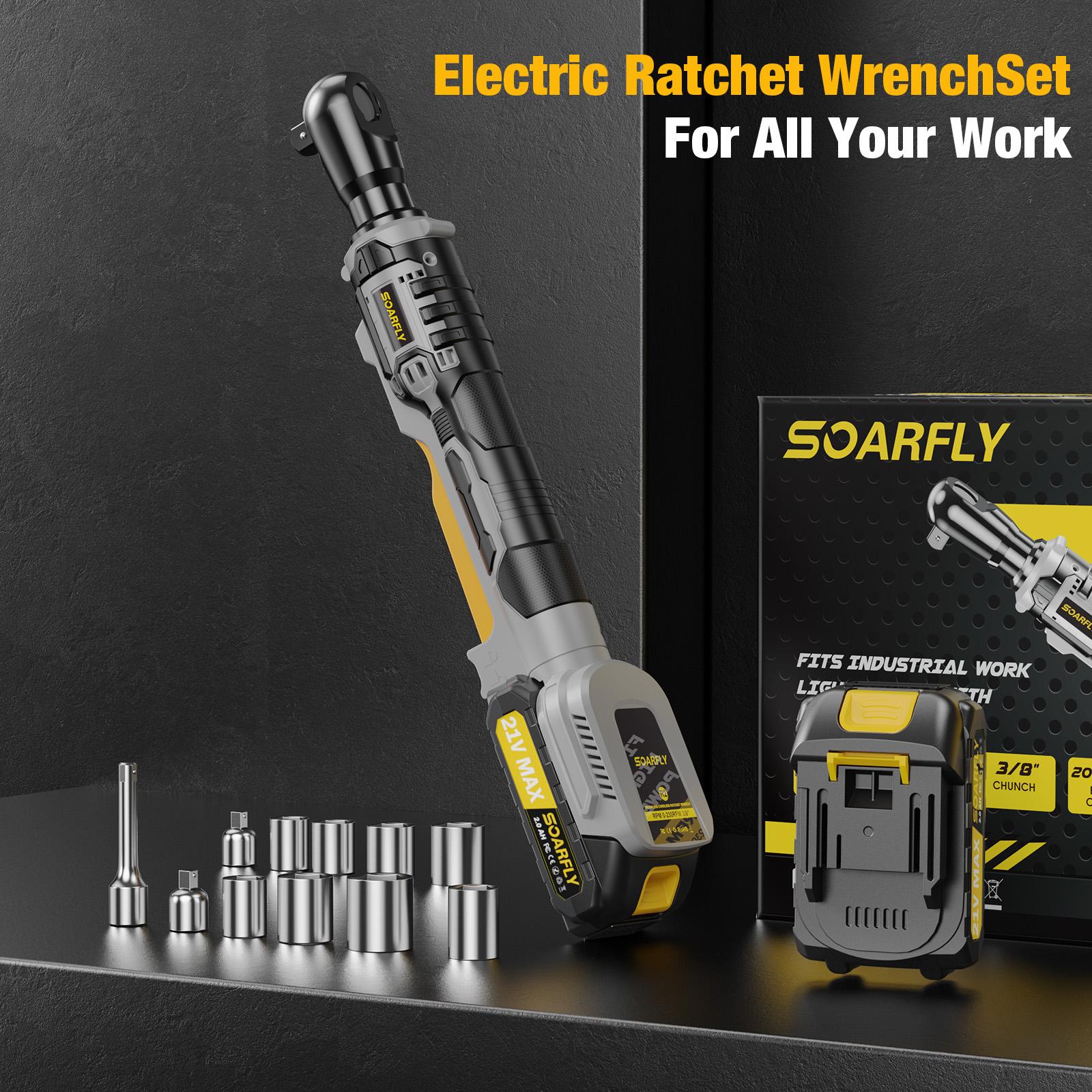 SOARFLY 135NM(100Ft-LBS) 3/8" Cordless Ratchet Wrench, 250RPM, 2 x 21V Batteries, With Variable Speed, 8 Sockets, 1/4" and 1/2" Adapter, 3" Extension Bar