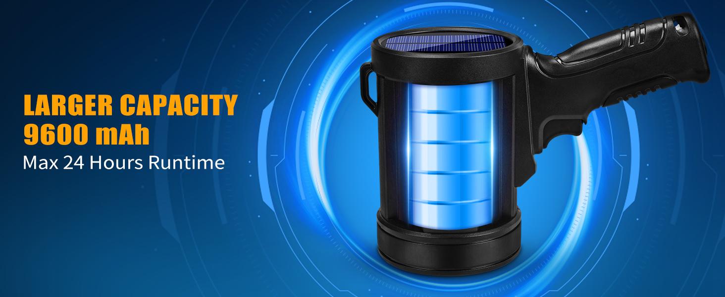 Rechargeable Searchlight Bright LED Spotlight Flashlight with 6 Modes Solar Panel Waterproof for Hunting Camping Boat 3000mAh Battery IPX5 Waterproof