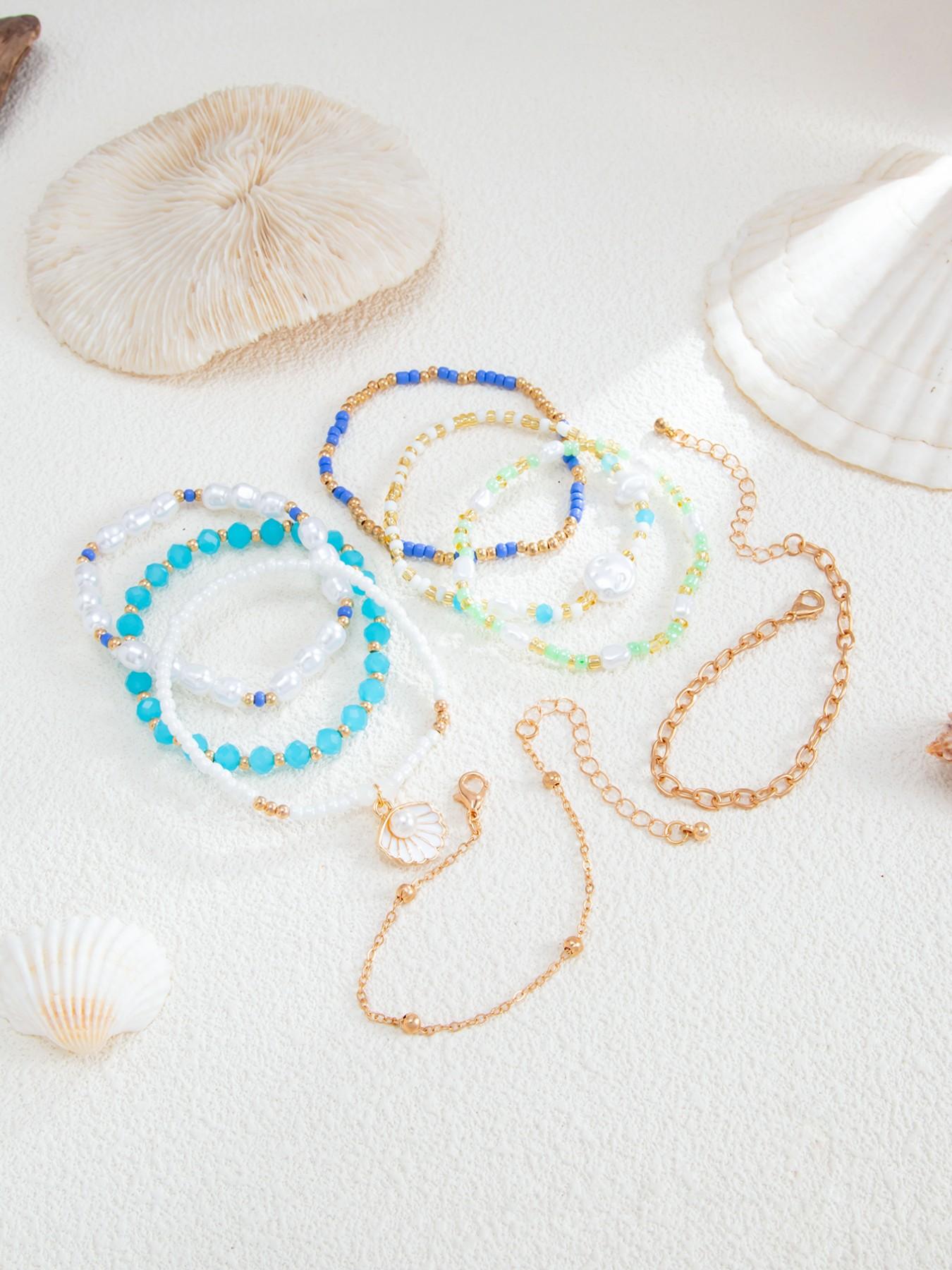 8-Piece Boho Multi-Layer Beaded Bracelet Set, Shell Faux Pearl Blue Block Stackable Wristbands, Spring Summer Beach Vacation Style
