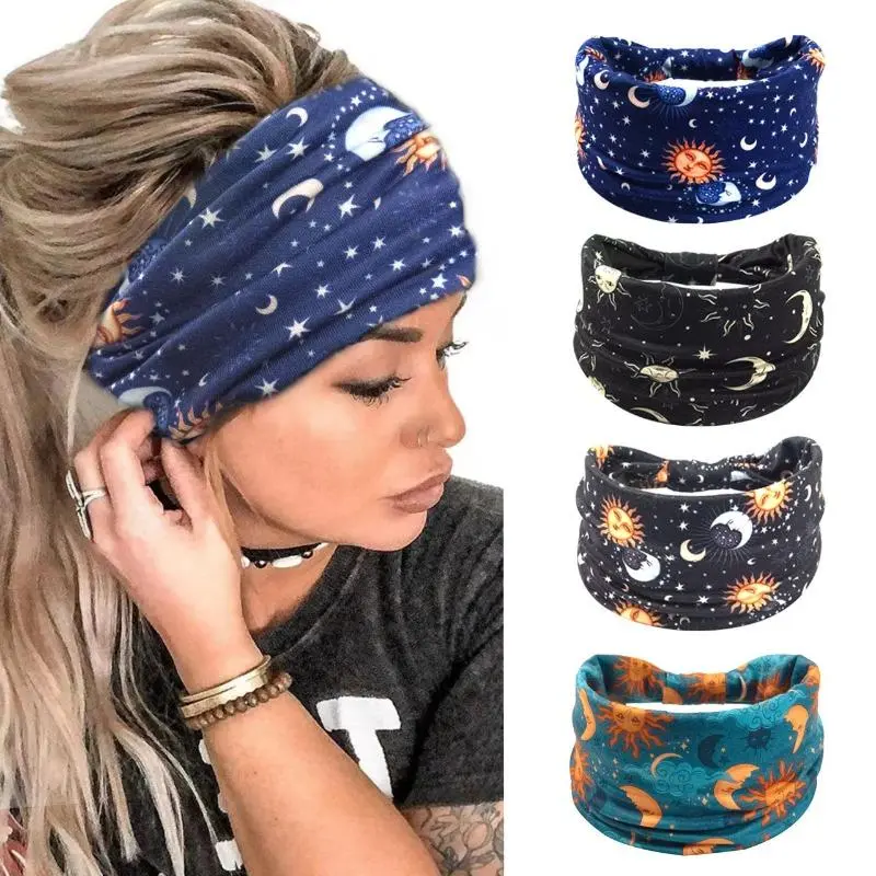 Celestial Print Workout Headbands and Neck Gaiter, Wide Boho Hair Accessory with Soft Sweat-Wicking Fabric for Yoga & Hiking, Headband Accessory, Sweatband Headband