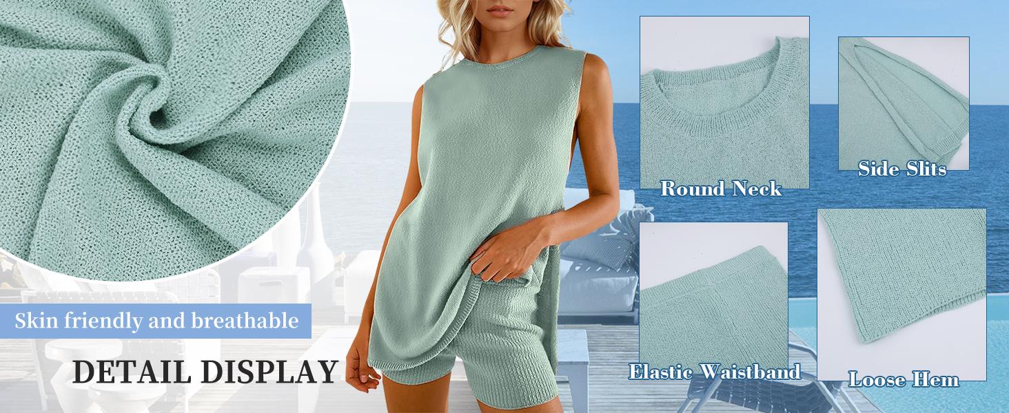 Women Summer Sleeveless Sweater Sets Knit 2 Piece Outfits Tunic Tank Top Matching Shorts Vacation Beach Sets