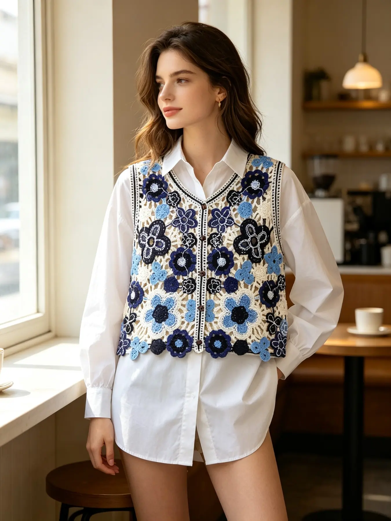 Boho Sleeveless V‑Neck Button‑Front Crochet Waistcoat for Women, Sequined Bead‑Embellished Knit Gilet, Soft‑Warm Lightweight Layering Outerwear, Fashion‑Forward Cozy Vest for Autumn‑Winter Daily and Indoor Outfits