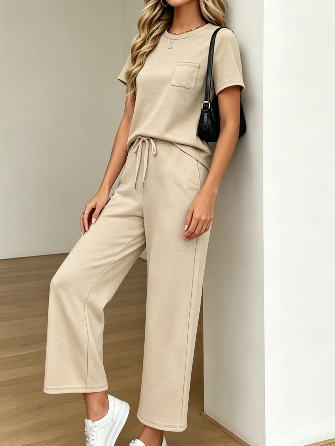 Women's Fashion Womenswear Solid Color Casual Round Neck Pocket T-Shirt + Drawstring Wide Leg Pants Set Loose Fit Slimming Wide Leg Pants Two-Piece Set Suitable for Summer Commuting to Work Shopping Outings Indoor and Outdoor Wear