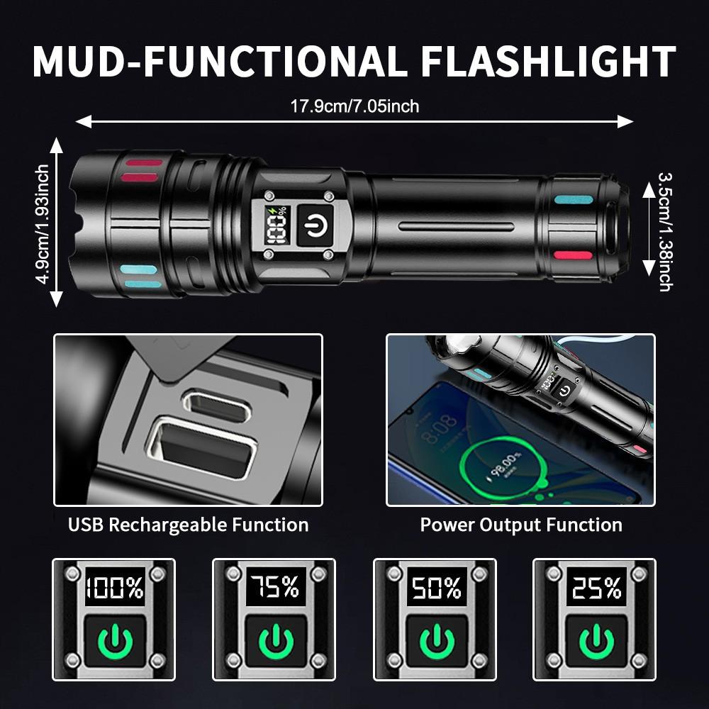 Aluminum Alloy Rechargeable Flashlight, Portable Display Multifunctional 30w Extendable Camping Fishing Night Riding Torch