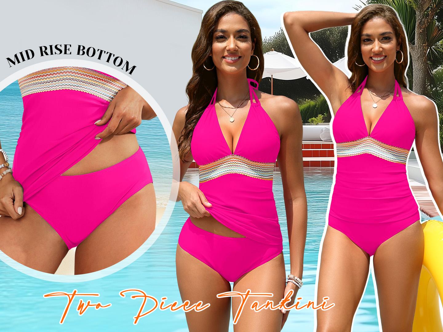 Aqua Eve Women's Tummy Control Halter 2-Piece Color Block Tankini Swimsuit - Sports & Outdoor Swimwear, Surfwear Option, Fathers Day Gift