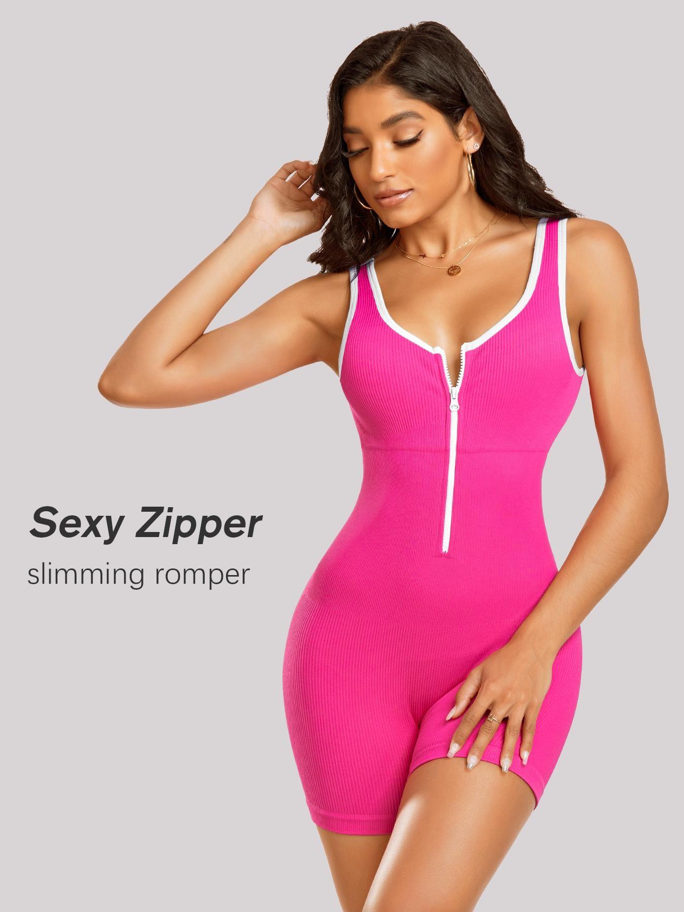 Women's Contrast Binding Zipper Front Zip Up Sports Romper, Sporty Romper, Romper Jumpsuit, Yoga Rompers, Solid Scoop Neck Sleeveless Bodycon Romper for Yoga Gym Workout, Ladies Sportswear for Summer