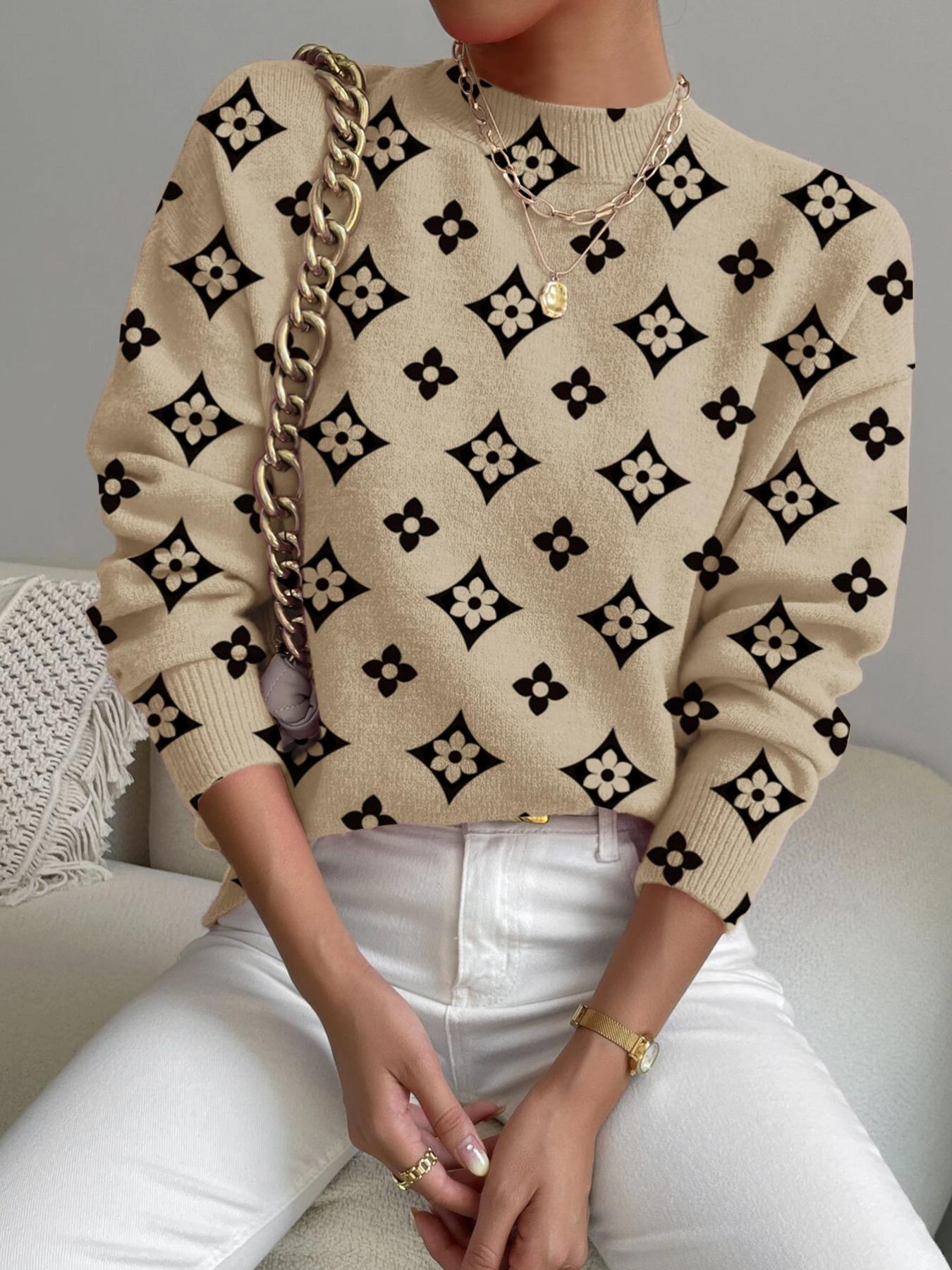 Women's Geometric Pattern Mock Neck Fitted Sweater, Fall Winter Casual Long Sleeve Knitwear, Comfortable Warm Daily Wear Tops