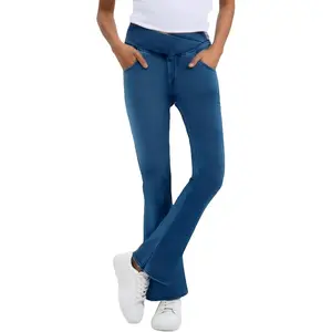 High Waisted Crossover Flare Jeans Yoga Denim Pants with Double Pockets