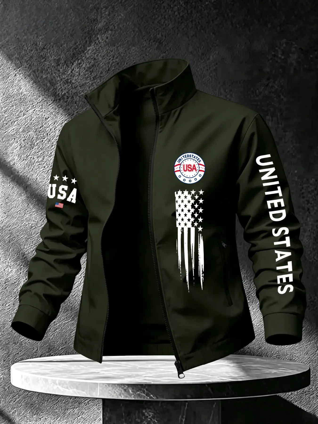 Men's Stand Collar Full-Zip Lightweight Jacket, Casual Outerwear with Ribbed Cuffs and Hem, Vintage US Flag, American Text & Star Print, Patriotic Casual Coat, Perfect for 4th of July Holiday, Daily Outdoor & Street Outfits