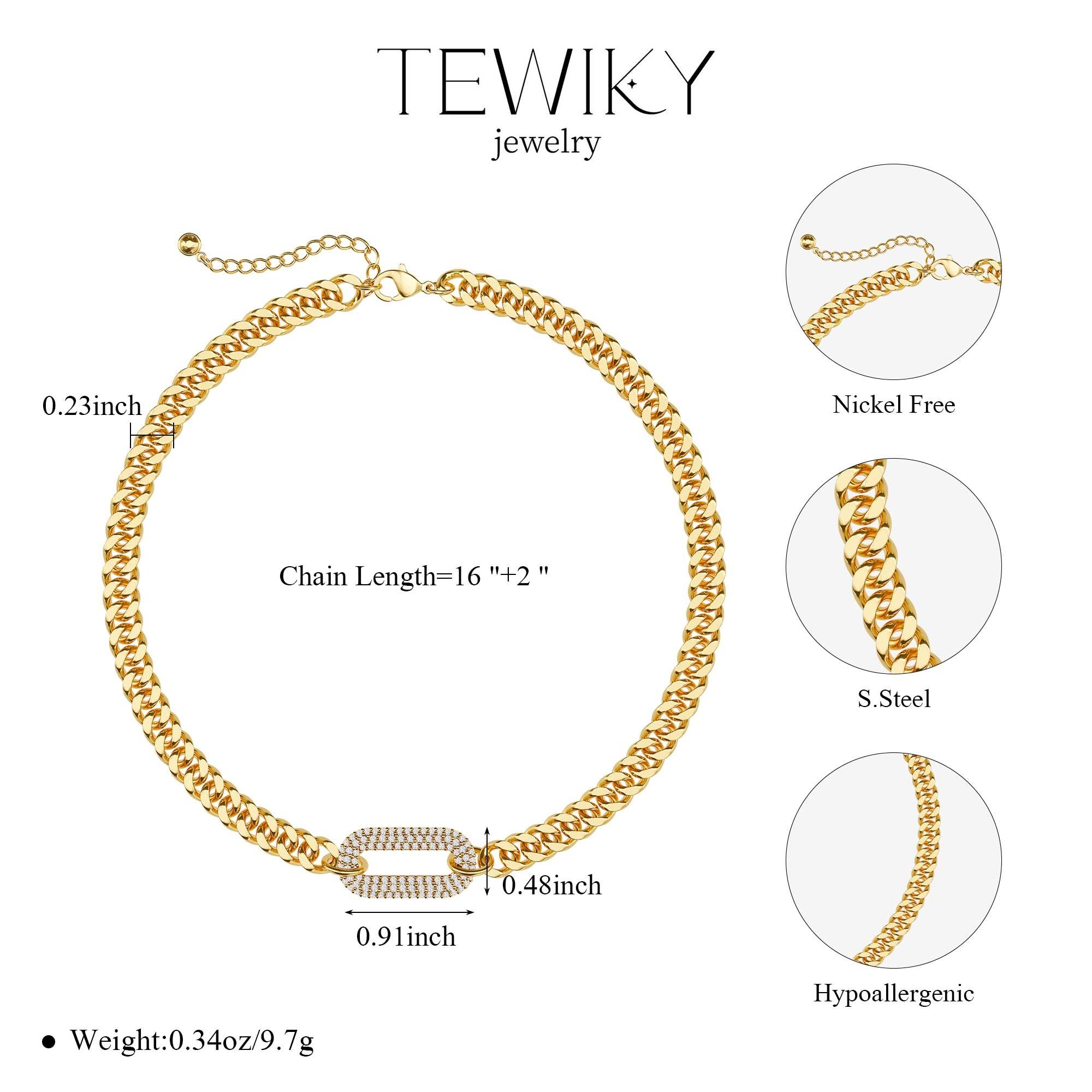 Tewiky Cuban Link Chain Necklace with Zircon Clasp for Men Women Trendy 16 Inch Zirconia Cross Pendant Jewelry Gift For Valentine's Day gifts