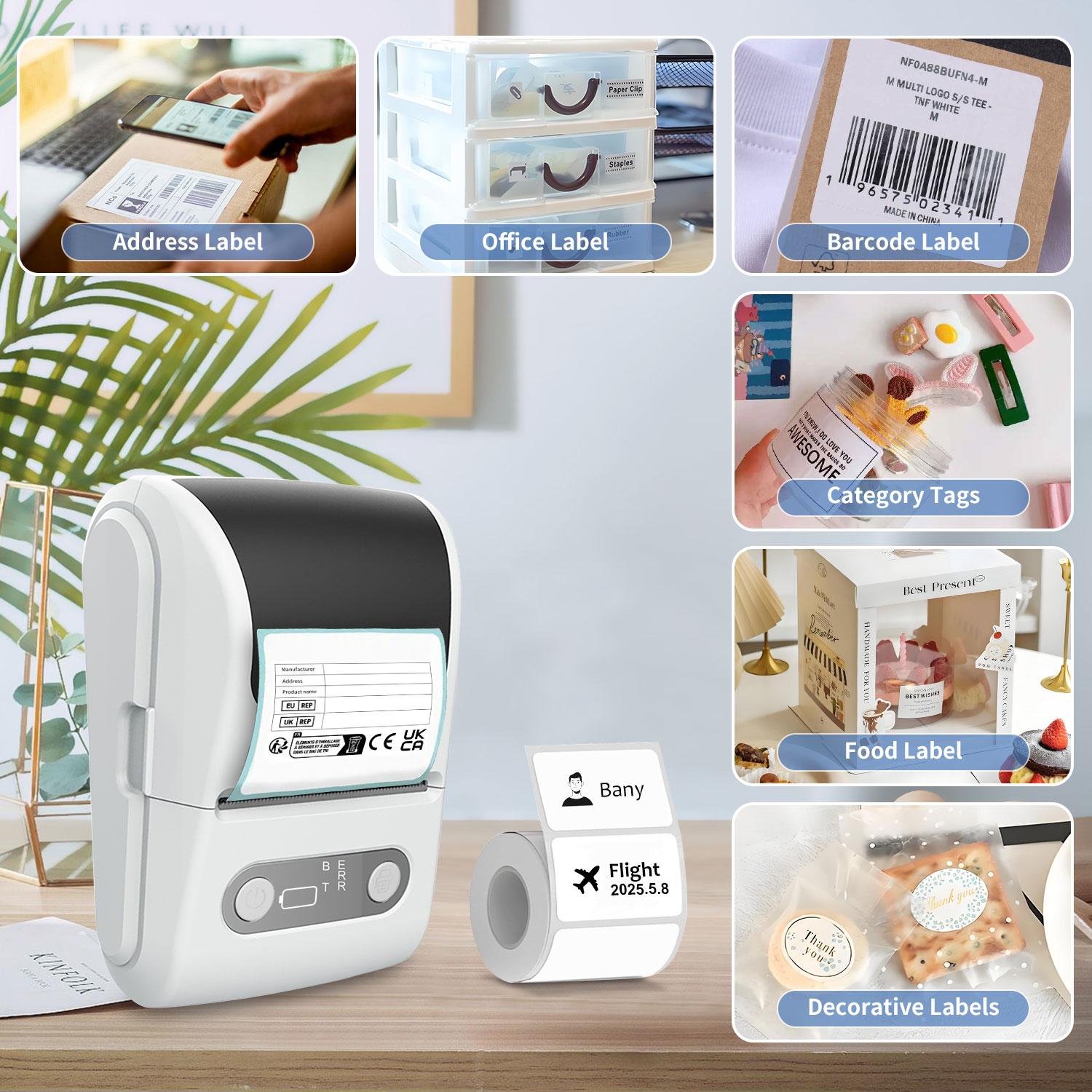 Portable Bluetooth-compatible with 4 Rolls Paper, Waterproof Labels, Multifunctional APP, Inkless, Ideal for Home Office Kitchen, Wireless Sticker Printer