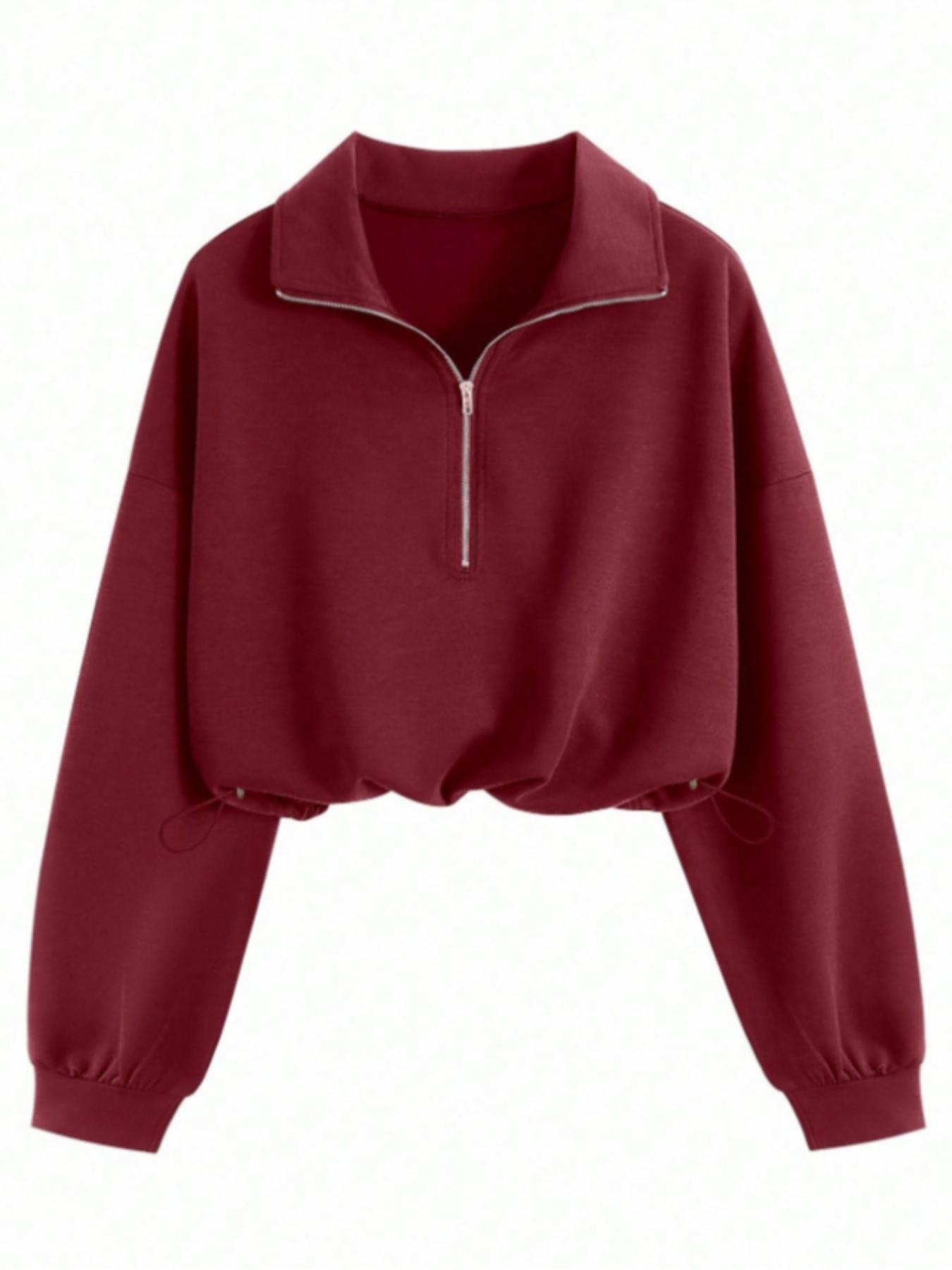 Women's Fashion Aesthetic Adjustable Drawstring Half-Zip Sweatshirt, Slim Fit Fitted Solid Color Basic Short Top, Casual Stylish Ladies' Pullover