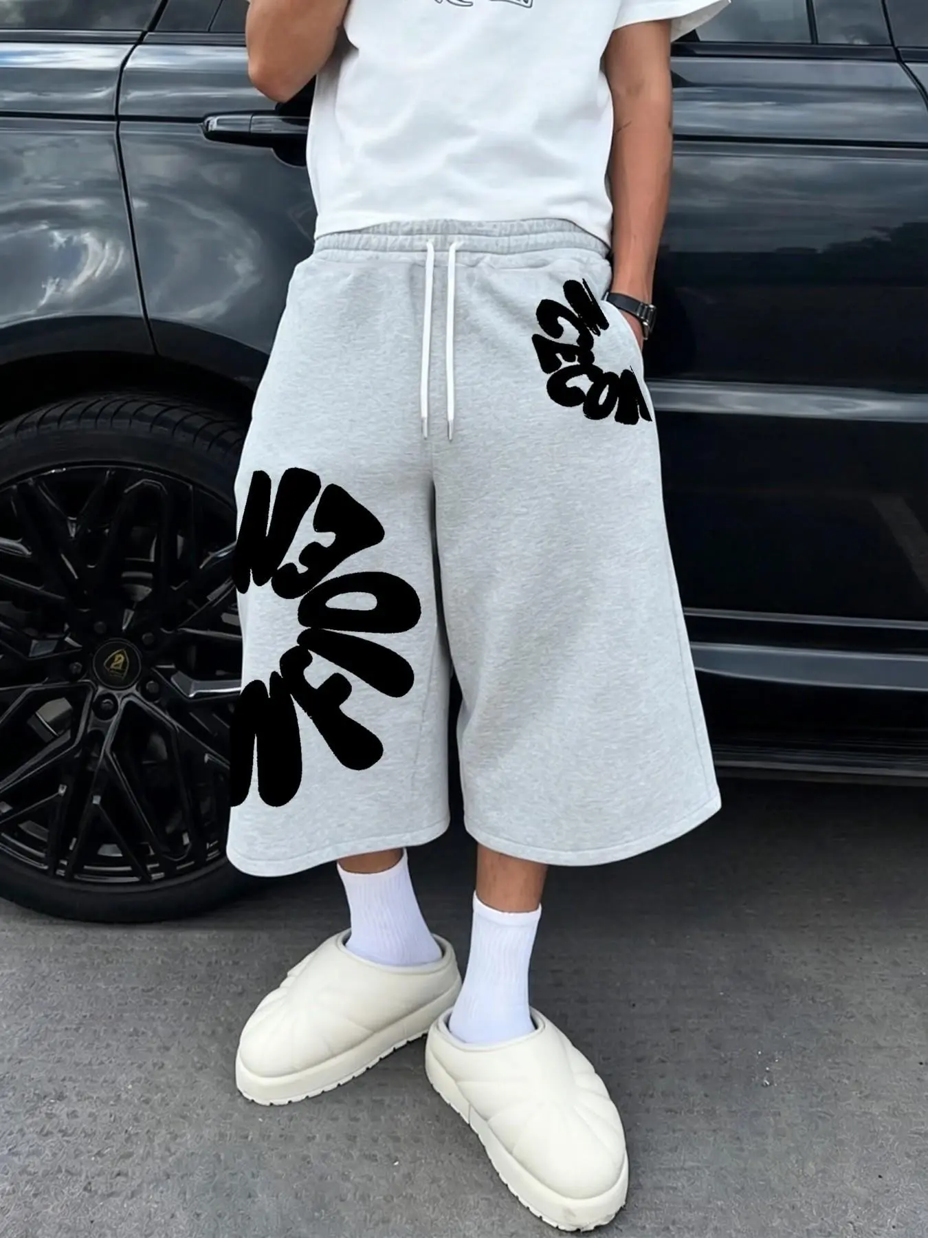 Men's Fashion Street Style Sweatpants, Loose-Fit Six-Quarter Length, Comfortable Breathable Fabric, Premium Solid Color for Daily Wear, Knitted Sports Pants