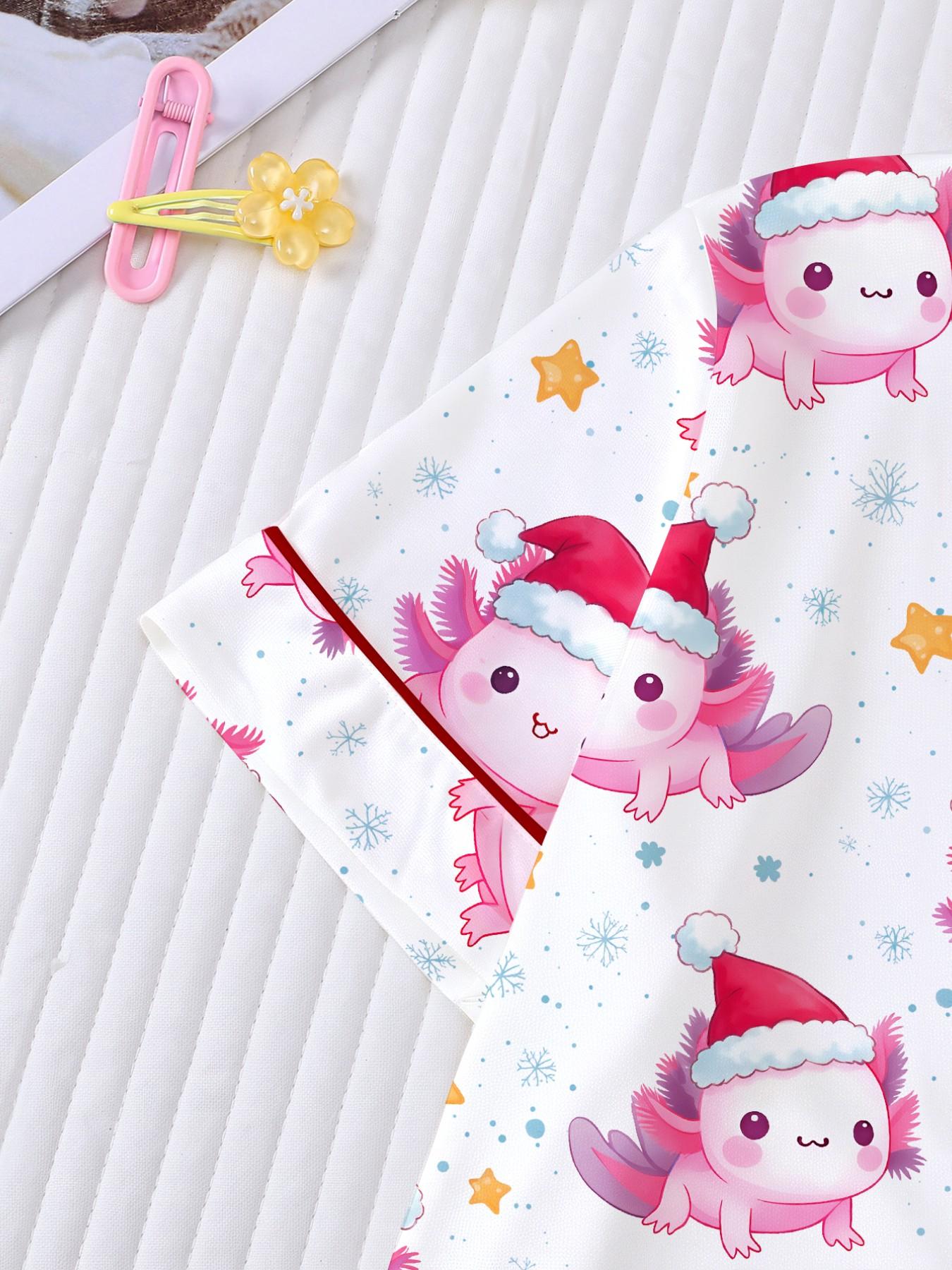 New Christmas Cartoon Print Kids Pajama Set, Short Sleeve Shirt and Loose Fit Pants, Breathable Casual for Holiday Parties