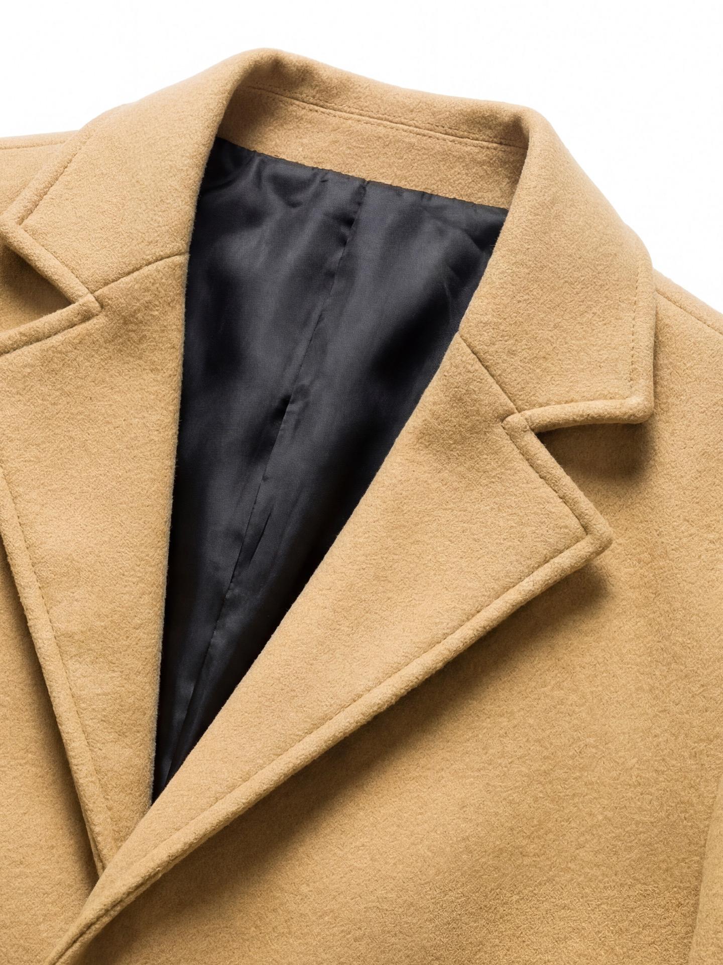 KZZ Men's Classic Solid Button-Front Lapel Neck Midi Coat, Regular Fit Stylish Long Sleeve Menswear Outerwear for Fall & Winter, Beige Khaki Tops Outfits for Daily Wear Christmas Gifts for Him