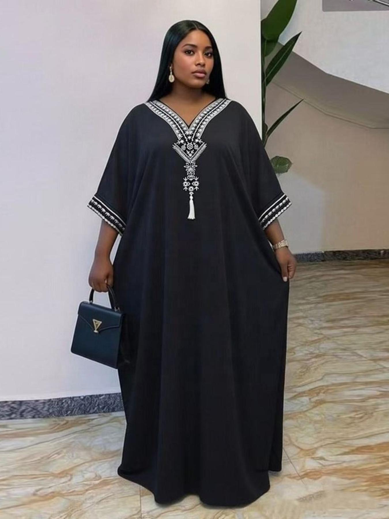 Women's Summer Solid Color Embroidered Fringe Caftan Casual Wear Dress with Pockets and Side Slit Women's Summer Solid Color Embroidered Fringe Caftan Casual Wear Dress with Pockets and Side Slit