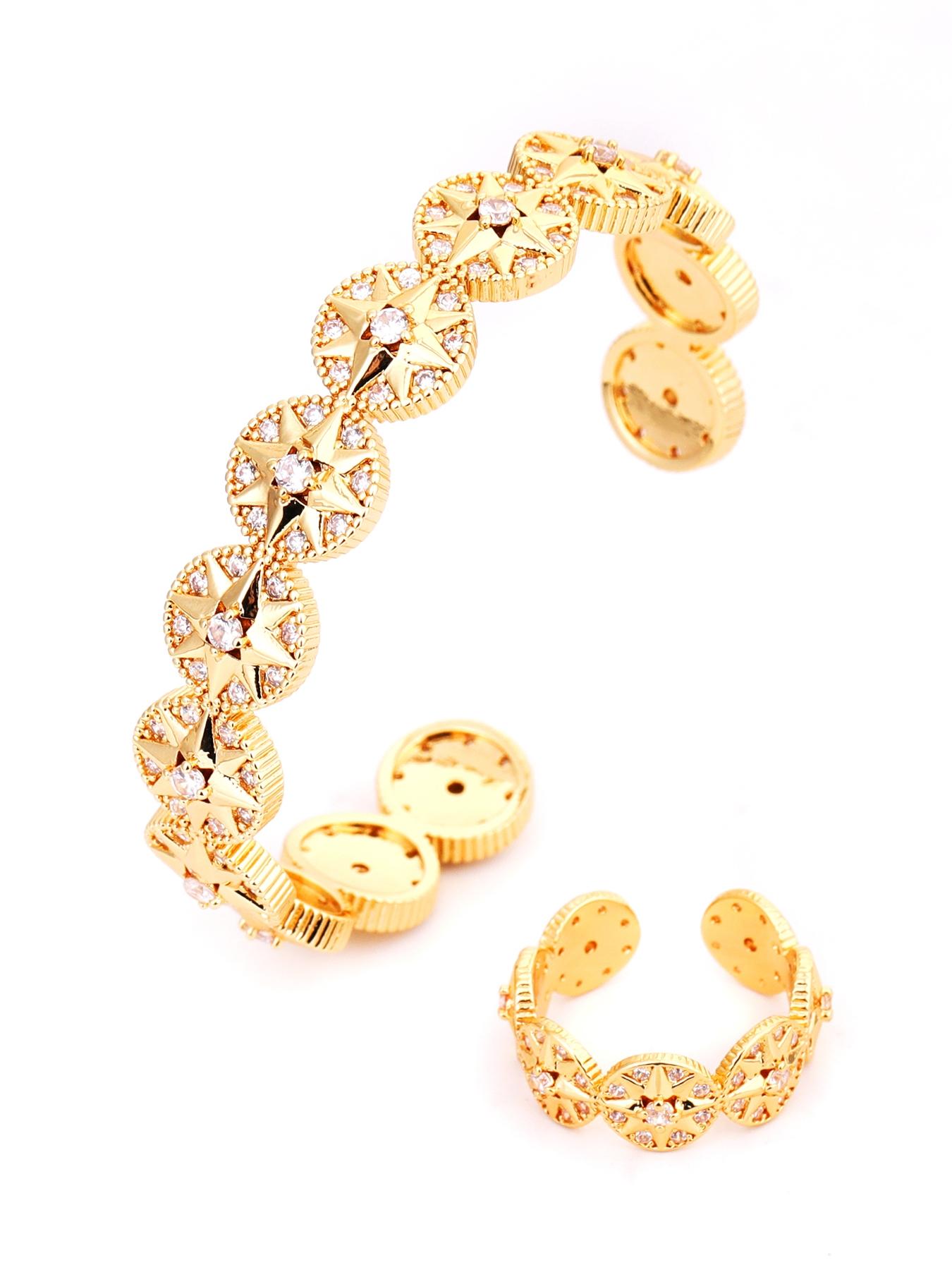 Bangle & Ring Set for Women, Luxury Starburst Cubic Zirconia Open Cuff Bracelet, Gold/Silver 2 Colors Optional, Elegant Jewelry for Office, Commute, Party & Prom