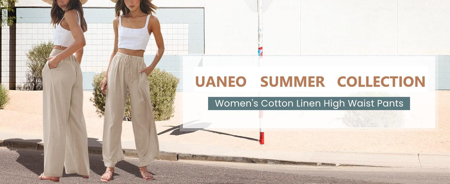 UANEO Women's Cotton Linen Summer Palazzo Pants Flowy Wide Leg Beach Trousers with Pockets Casual Womenswear UANEO Women's Cotton Linen Summer Palazzo Pants Flowy Wide Leg Beach Trousers with Pockets Casual Womenswear