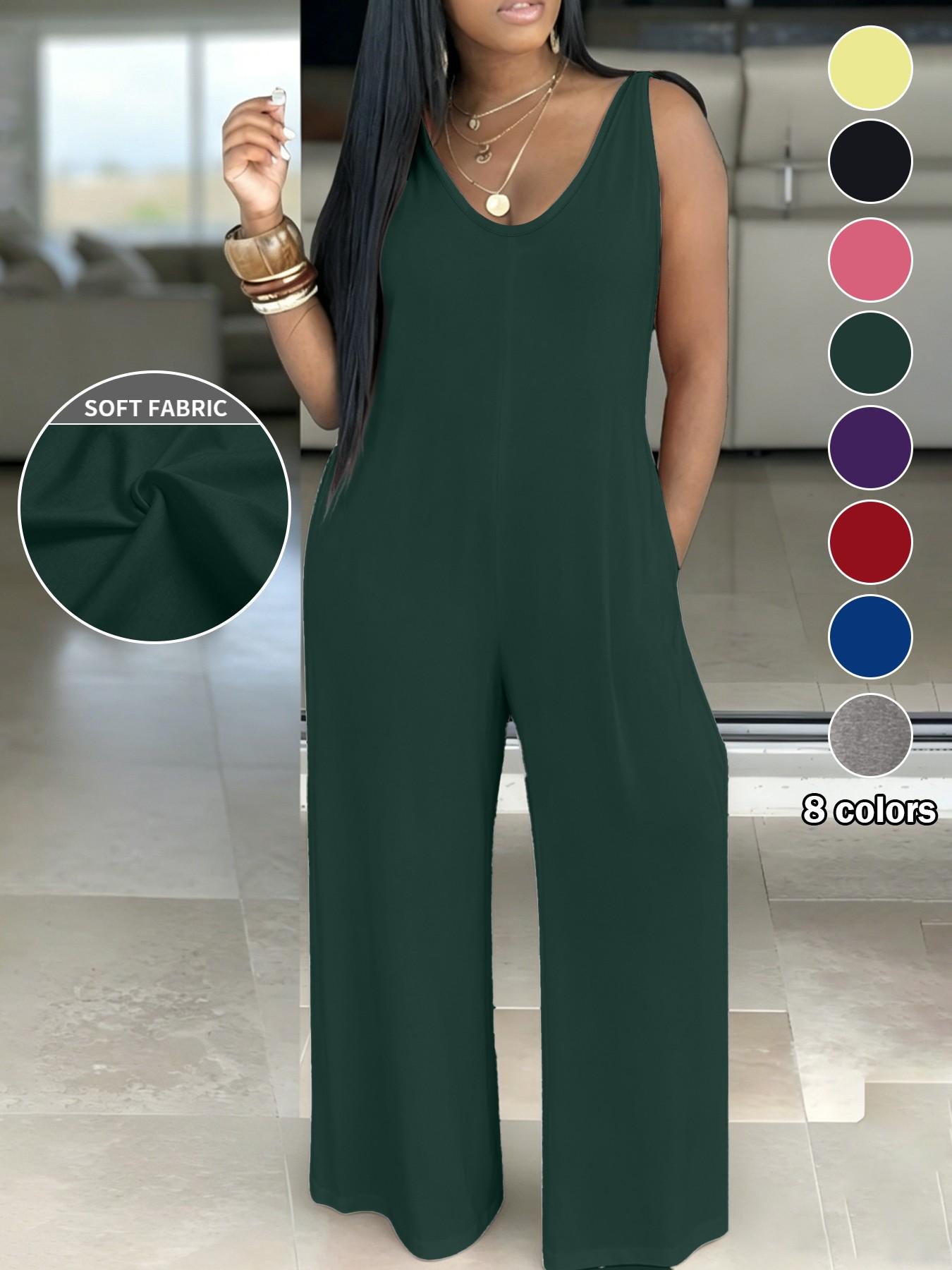Plus Size Women's Casual Loose Simple Solid Sleeveless Pockets Wide-Leg Hooded Jumpsuits for Everyday Wear Basic
