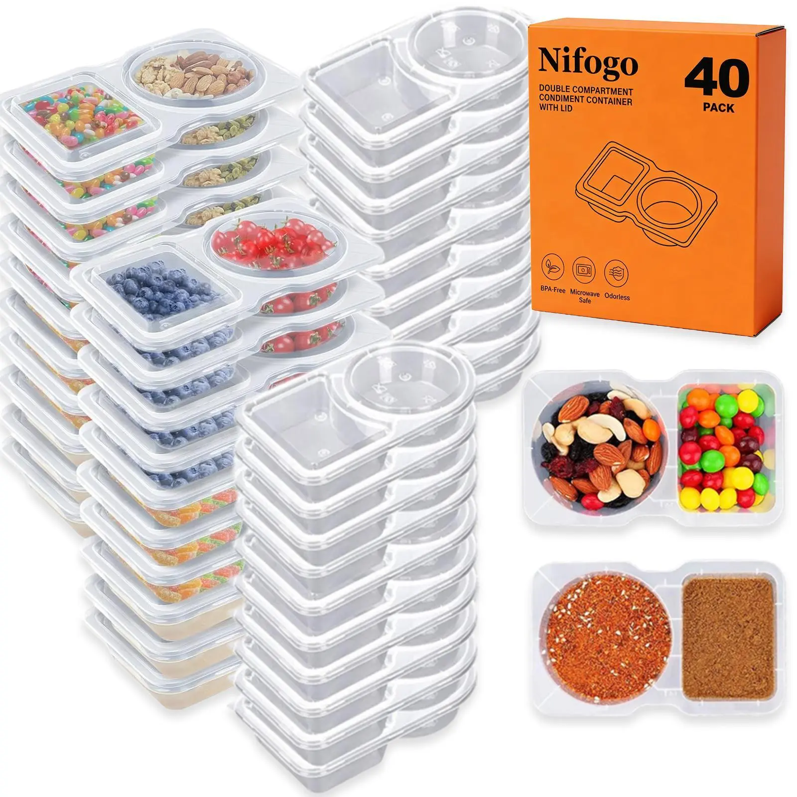 40-Pack Kitchen Stackable Containers with Lids - Reusable BPA-Free Leakproof Double Compartment, Durable 20 Extra Large 2-Grids-20pcs & 20 3-Grid Snackle Boxes, Convenient for On-the-Go School Lunch, Flavor-Separating Kitchen Utensils by Sohochic
