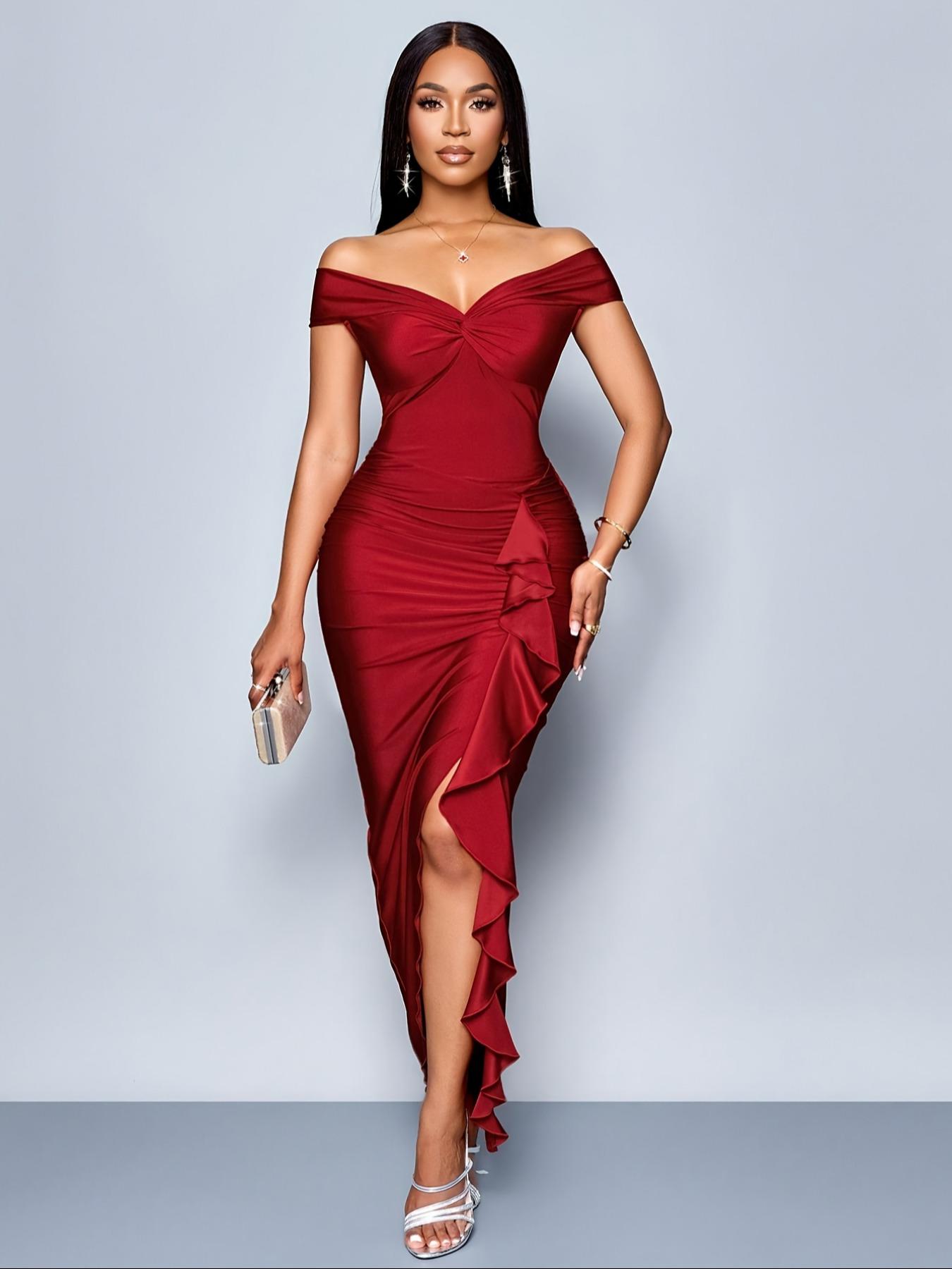 Women's Elegant Off-Shoulder Bodycon Dress, Ruched Details, High Slit, Asymmetrical Hem, Suitable for All Seasons